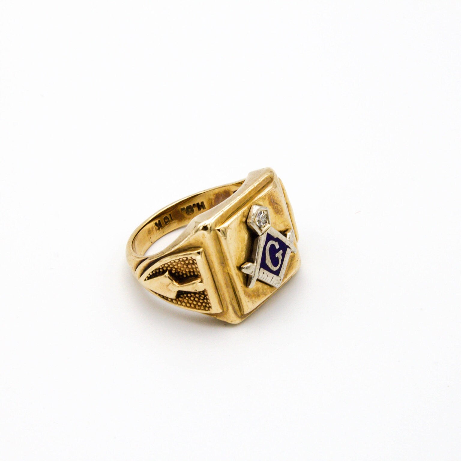 Vintage 10K Gold Masonic Ring With Blue Enamel and Diamond Accent, Freemason Ring With G Symbol, Gold Ring With Blue Enamel And Diamond
