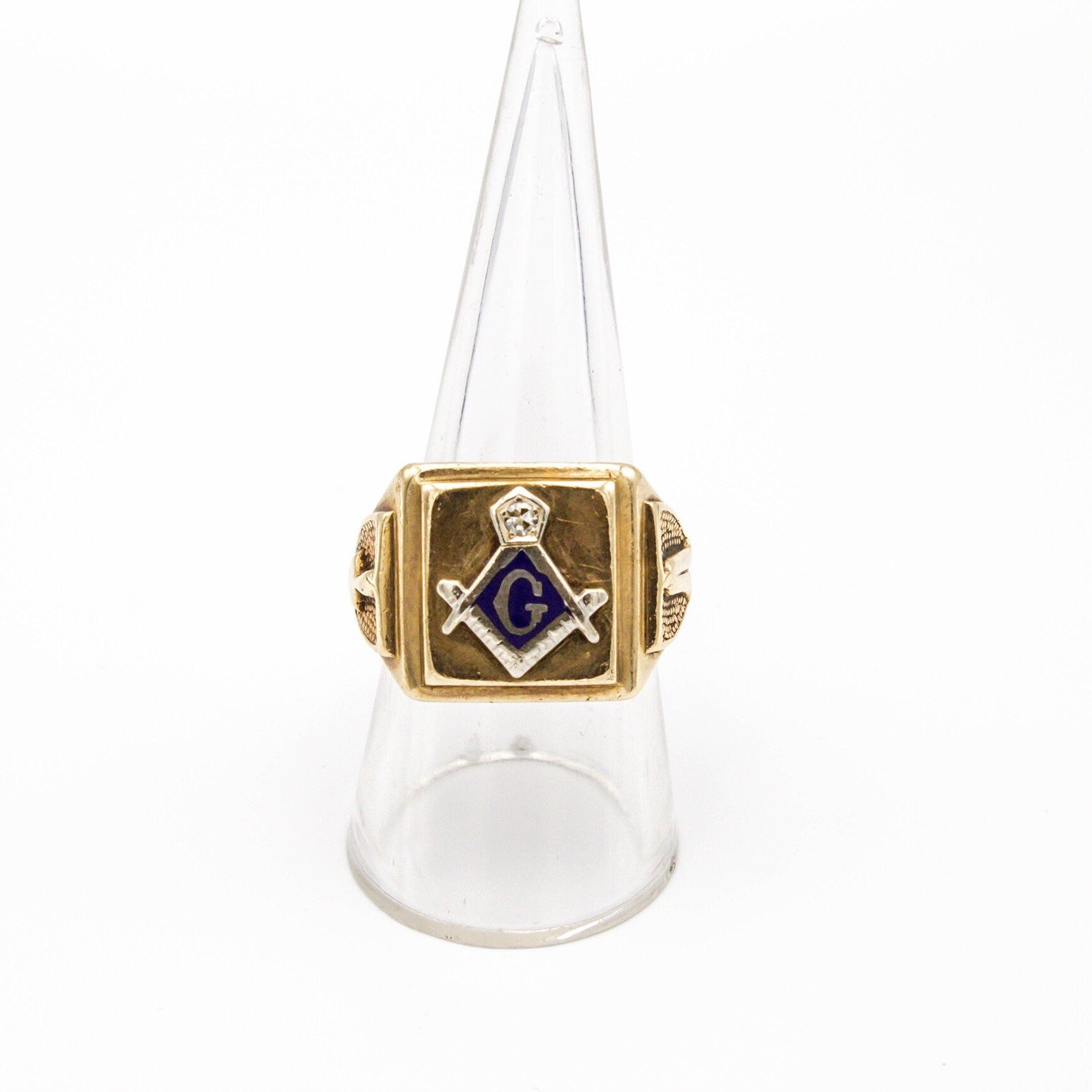 Vintage 10K Gold Masonic Ring With Blue Enamel and Diamond Accent, Freemason Ring With G Symbol, Gold Ring With Blue Enamel And Diamond