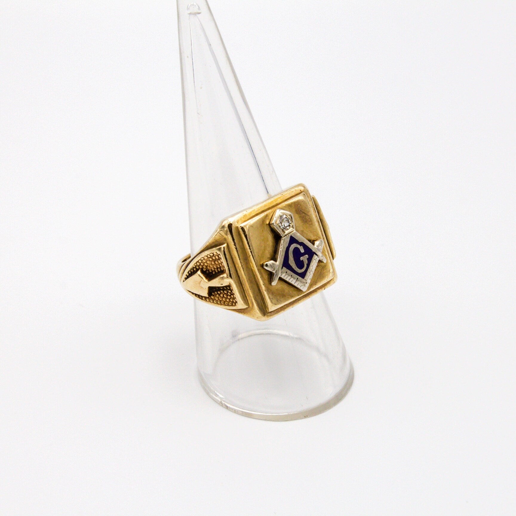 Vintage 10K Gold Masonic Ring With Blue Enamel and Diamond Accent, Freemason Ring With G Symbol, Gold Ring With Blue Enamel And Diamond