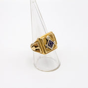 Vintage 10K Gold Masonic Ring With Blue Enamel and Diamond Accent, Freemason Ring With G Symbol, Gold Ring With Blue Enamel And Diamond