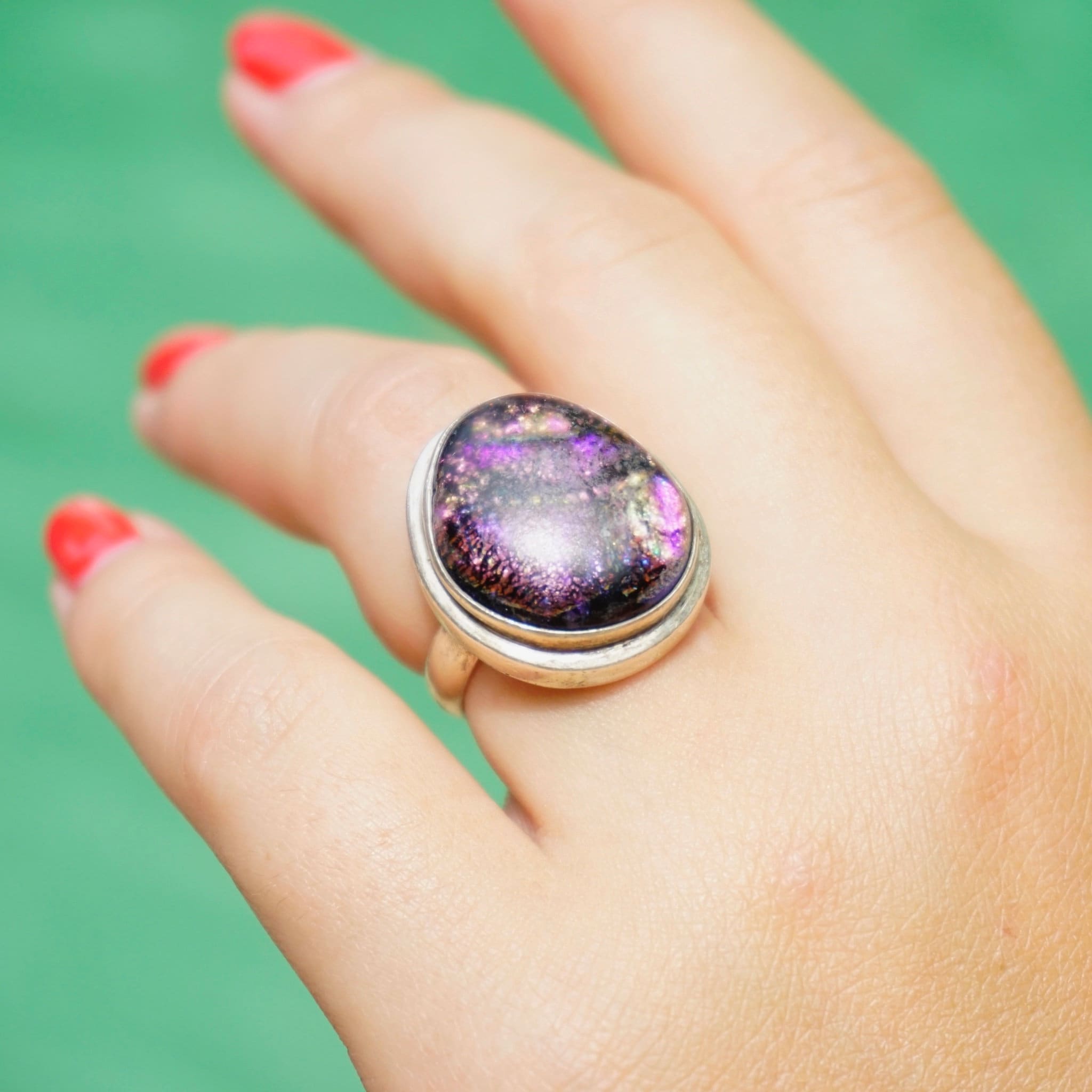 Vintage Sterling Silver Iridescent Galaxy Ring, Silver Ring With Purple Opalescent Gemstone, Unique Cosmic Ring, Size 7.5 Sterling Ring