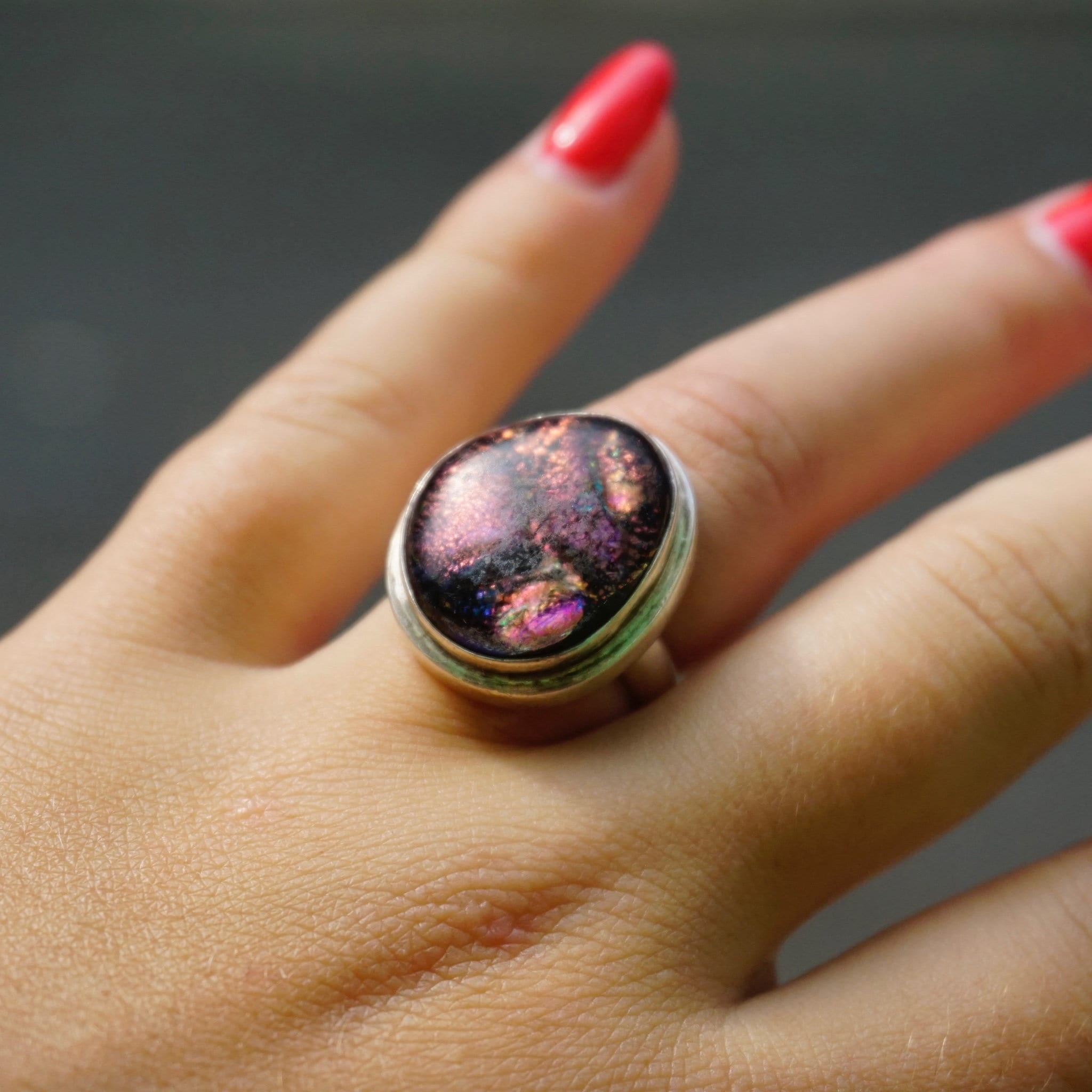 Vintage Sterling Silver Iridescent Galaxy Ring, Silver Ring With Purple Opalescent Gemstone, Unique Cosmic Ring, Size 7.5 Sterling Ring