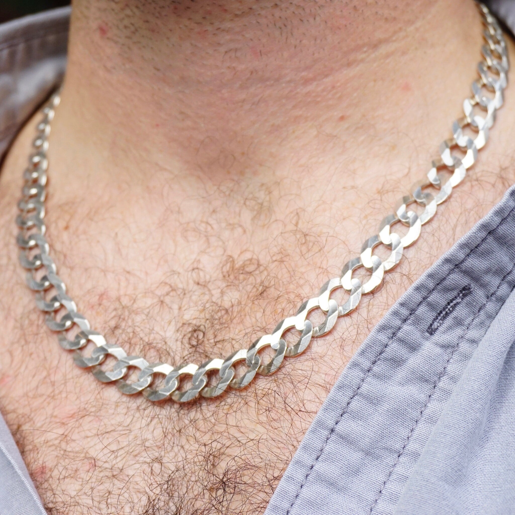 Vintage Sterling Silver Cuban Curb Chain Necklace, Made in Italy Long Silver Chain, 24in Flat Cuban Link Necklace, 12mm Thick Silver Chain