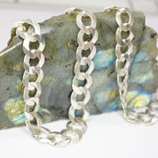 Vintage Sterling Silver Cuban Curb Chain Necklace, Made in Italy Long Silver Chain, 24in Flat Cuban Link Necklace, 12mm Thick Silver Chain
