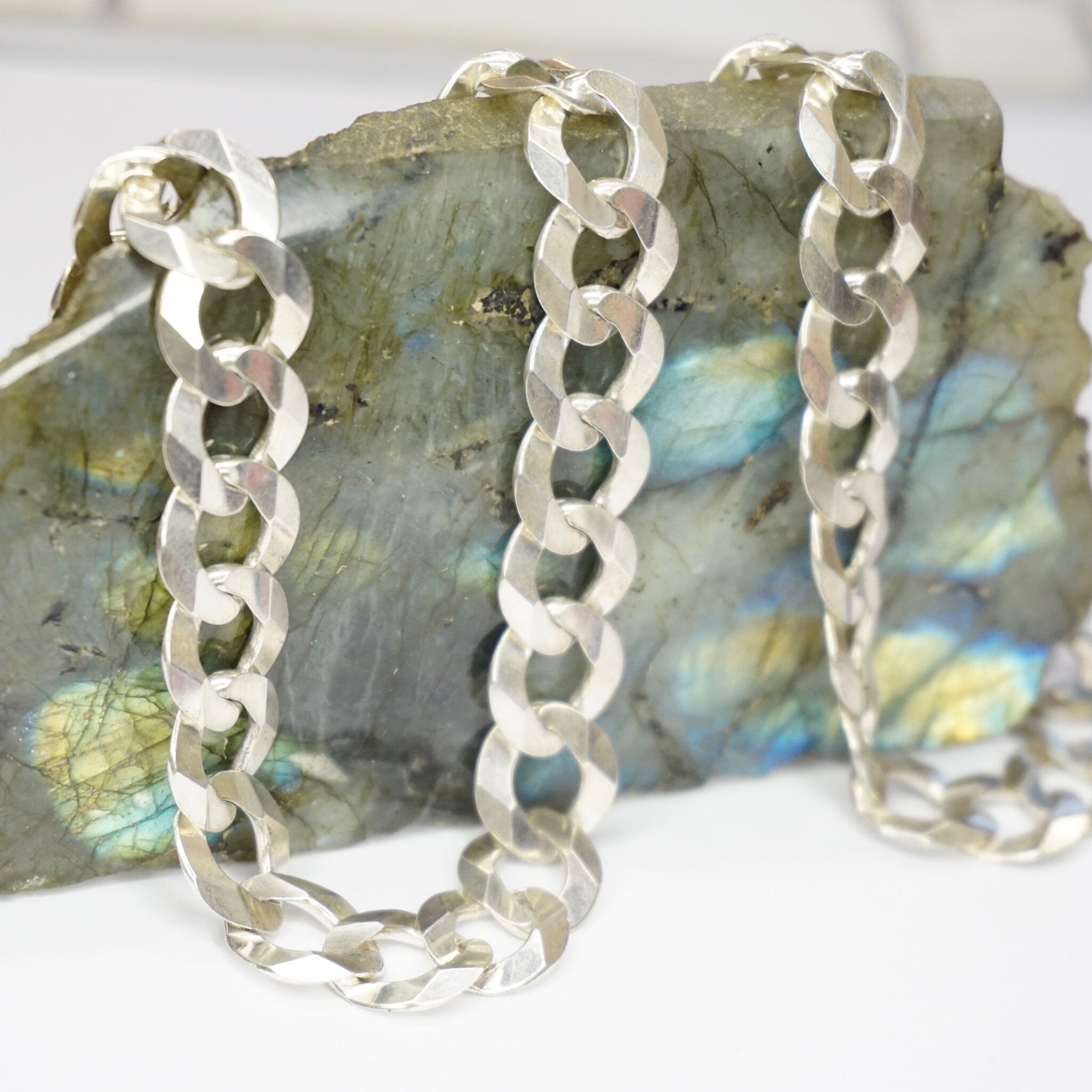 Vintage Sterling Silver Cuban Curb Chain Necklace, Made in Italy Long Silver Chain, 24in Flat Cuban Link Necklace, 12mm Thick Silver Chain