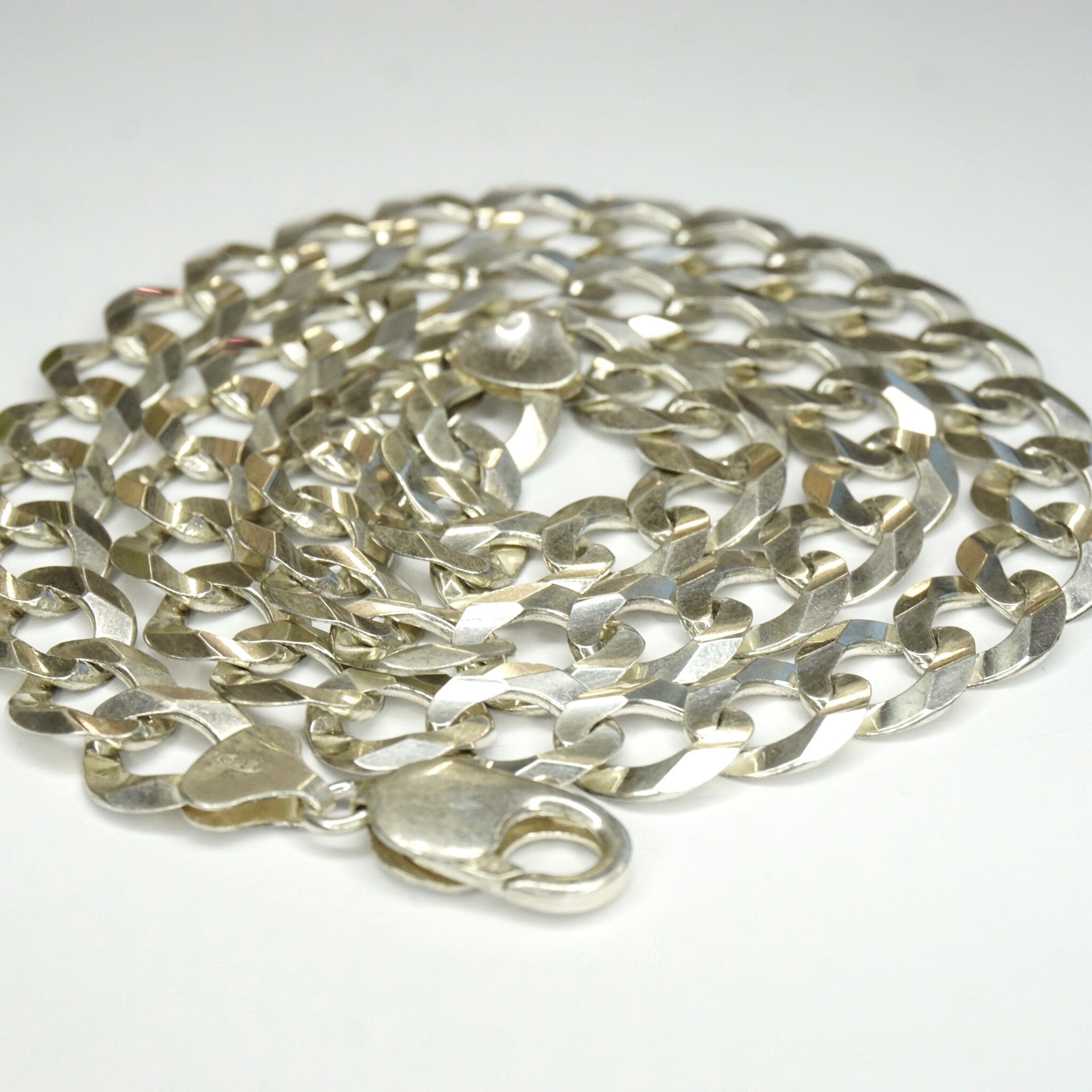 Vintage Sterling Silver Cuban Curb Chain Necklace, Made in Italy Long Silver Chain, 24in Flat Cuban Link Necklace, 12mm Thick Silver Chain