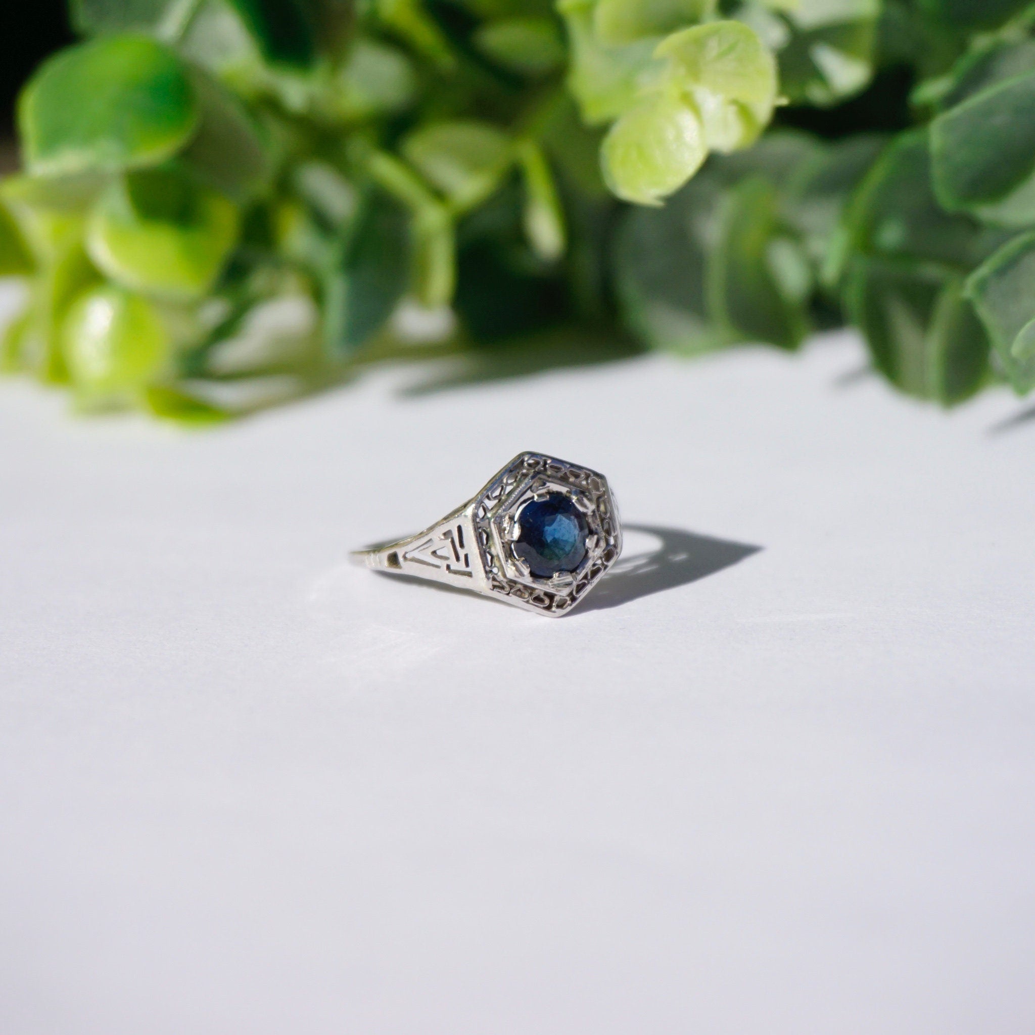 Vintage 14K White Gold Filagree Ring With Sapphire Gemstone, Beautiful White Gold Ring With Cut Out Detail and Blue Stone, Sapphire Ring