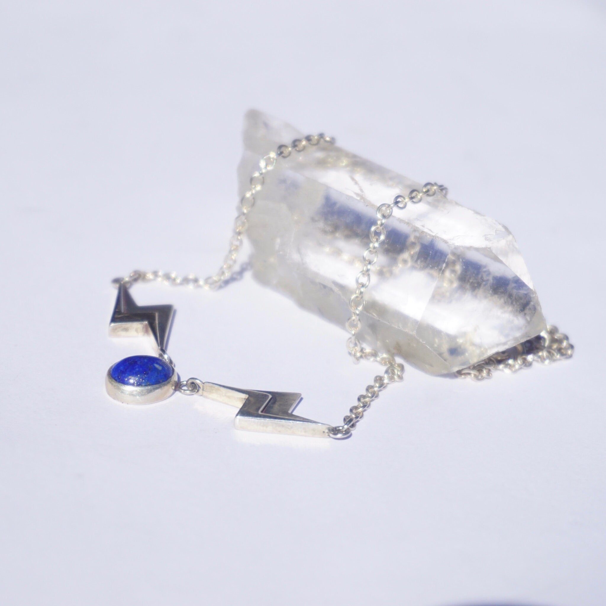Vintage Lapis Lazuli Silver Necklace, Unique Necklace With Lapis and Silver Lightening Bolt Pendant, Lapis Stone Necklace With Silver Chain
