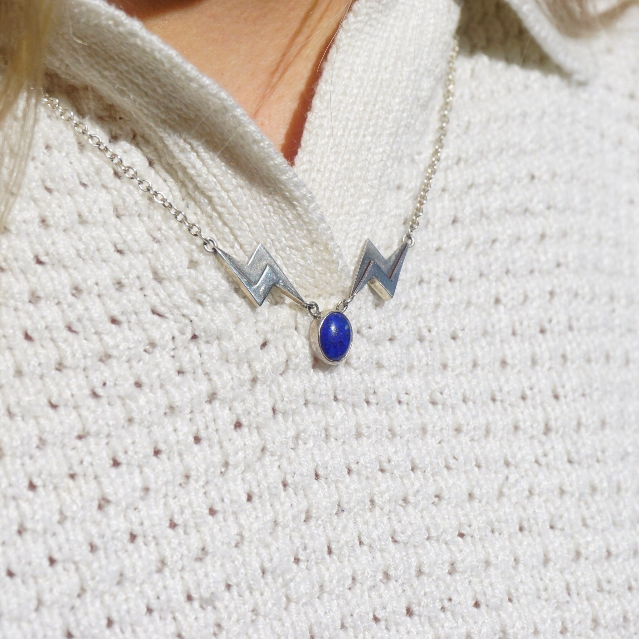 Vintage Lapis Lazuli Silver Necklace, Unique Necklace With Lapis and Silver Lightening Bolt Pendant, Lapis Stone Necklace With Silver Chain