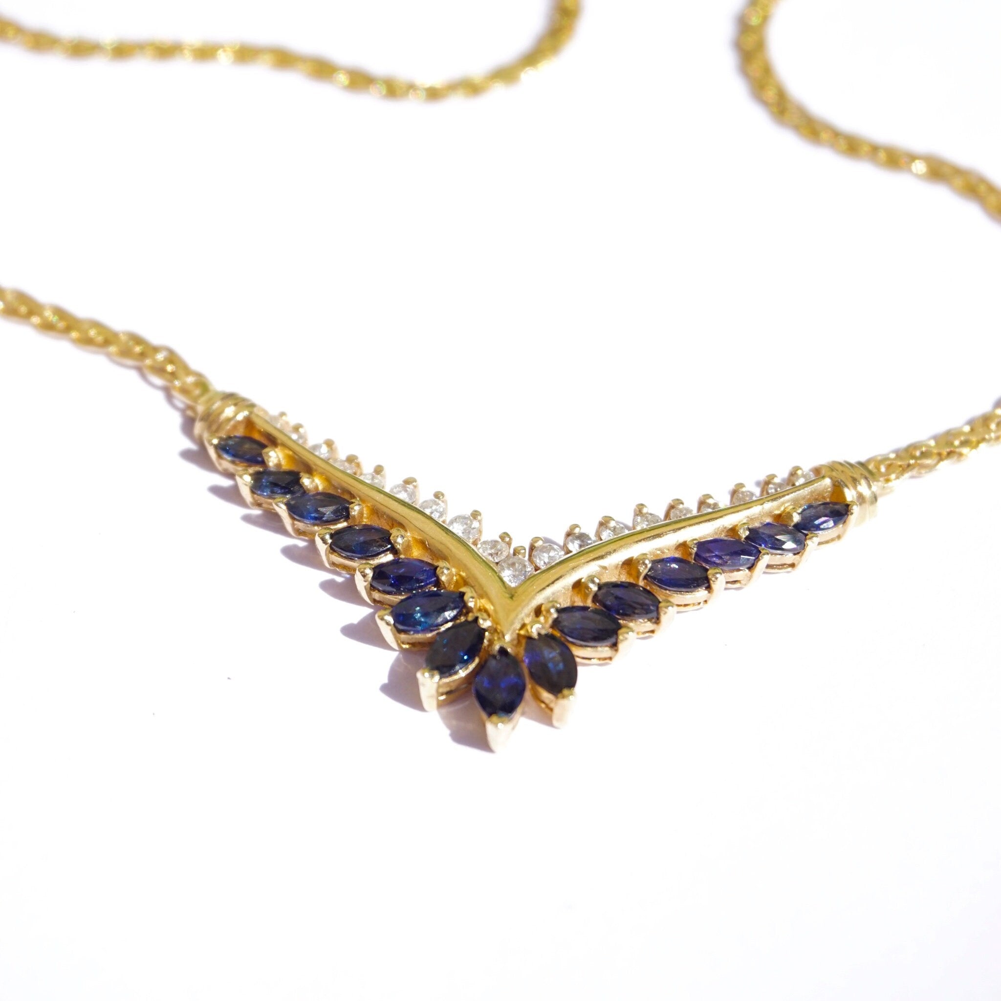Vintage 14k Gold Sapphire and Diamond Choker Necklace, Elegant Gold Necklace With Diamonds and Sapphire Stones, BJ Gold Choker Necklace