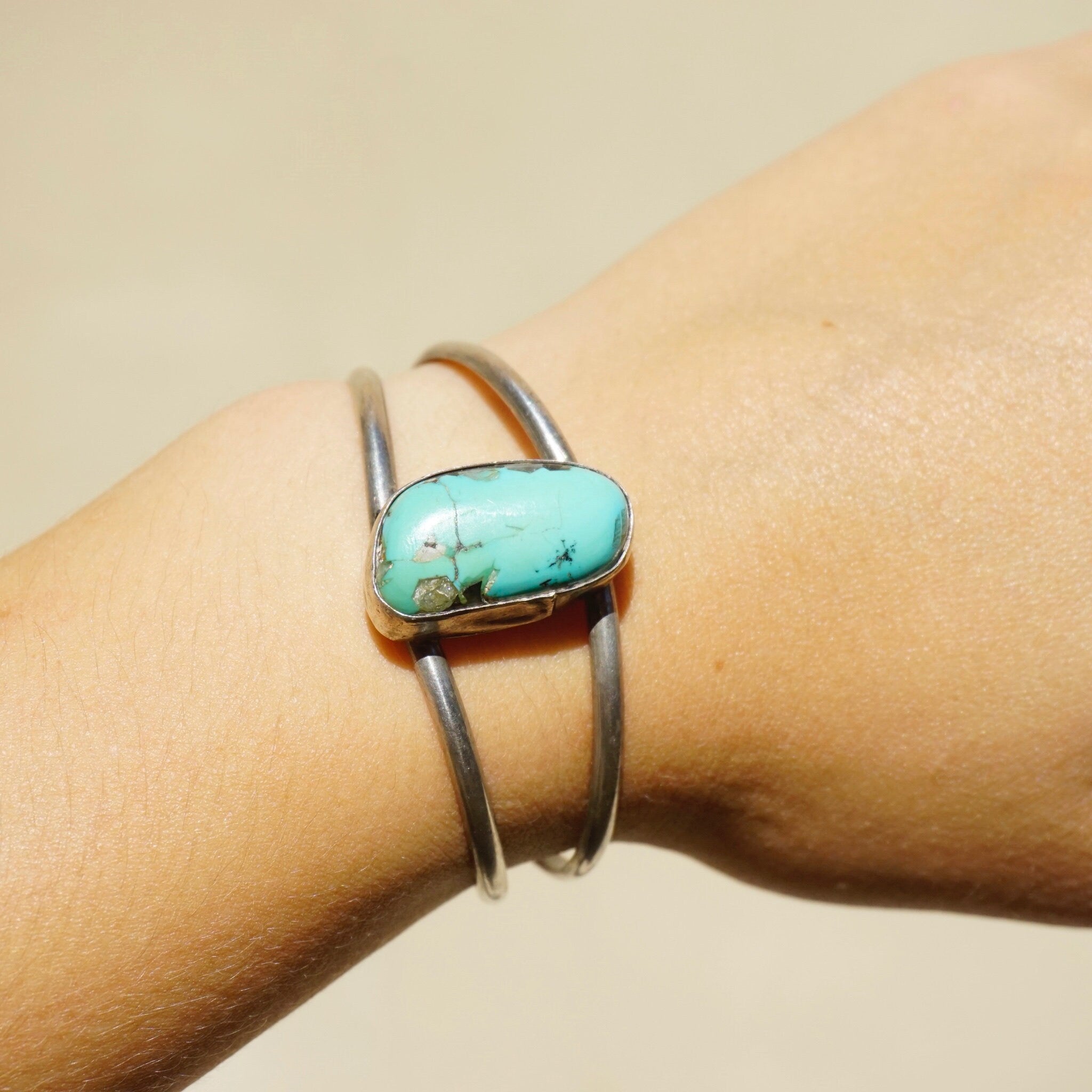 Vintage Turquoise and Silver Bracelet Cuff, Authentic Turquoise Stone Bracelet, Cut Out Silver Bracelet With Raised Turquoise Stone