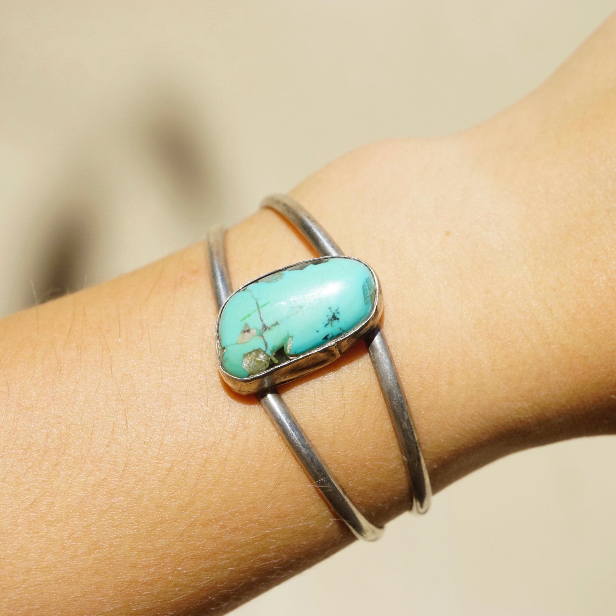 Vintage Turquoise and Silver Bracelet Cuff, Authentic Turquoise Stone Bracelet, Cut Out Silver Bracelet With Raised Turquoise Stone