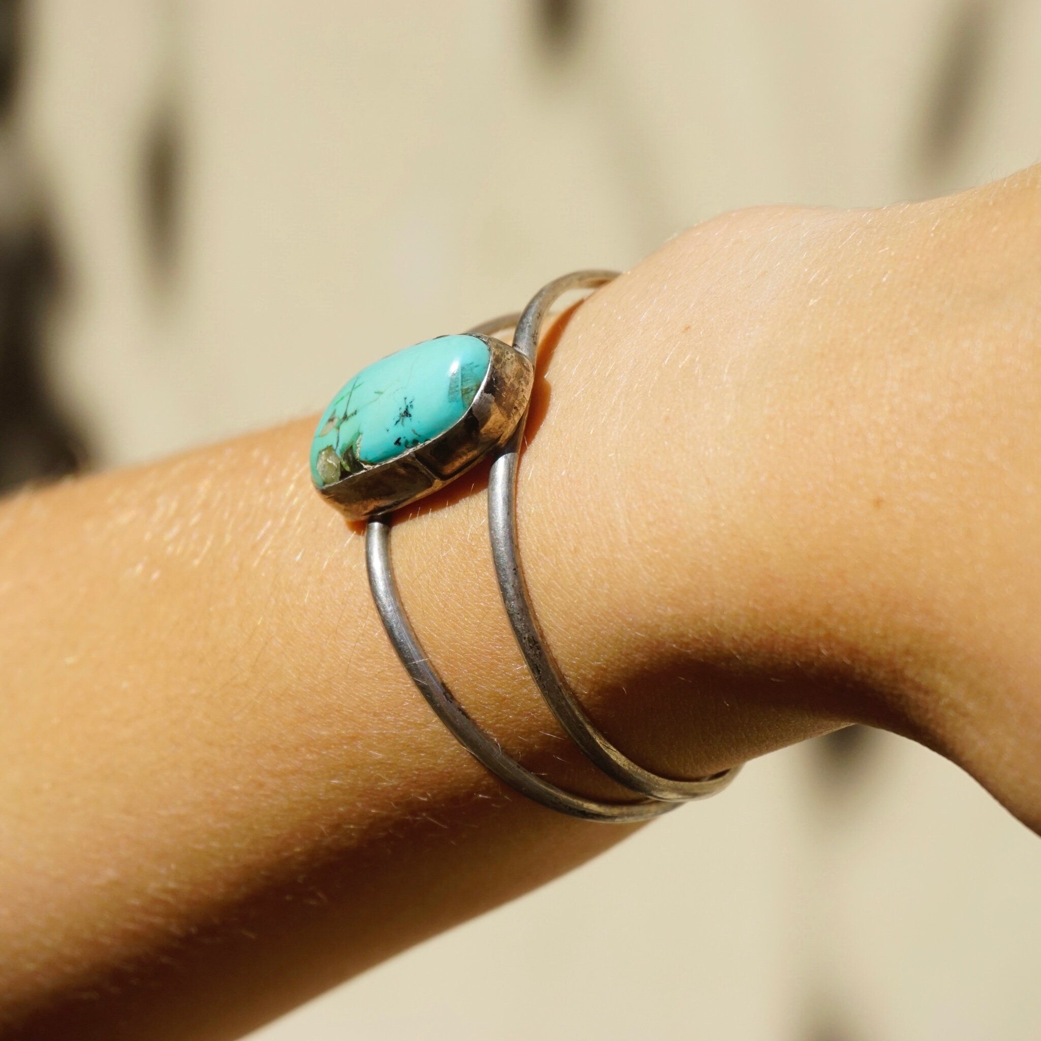 Vintage Turquoise and Silver Bracelet Cuff, Authentic Turquoise Stone Bracelet, Cut Out Silver Bracelet With Raised Turquoise Stone