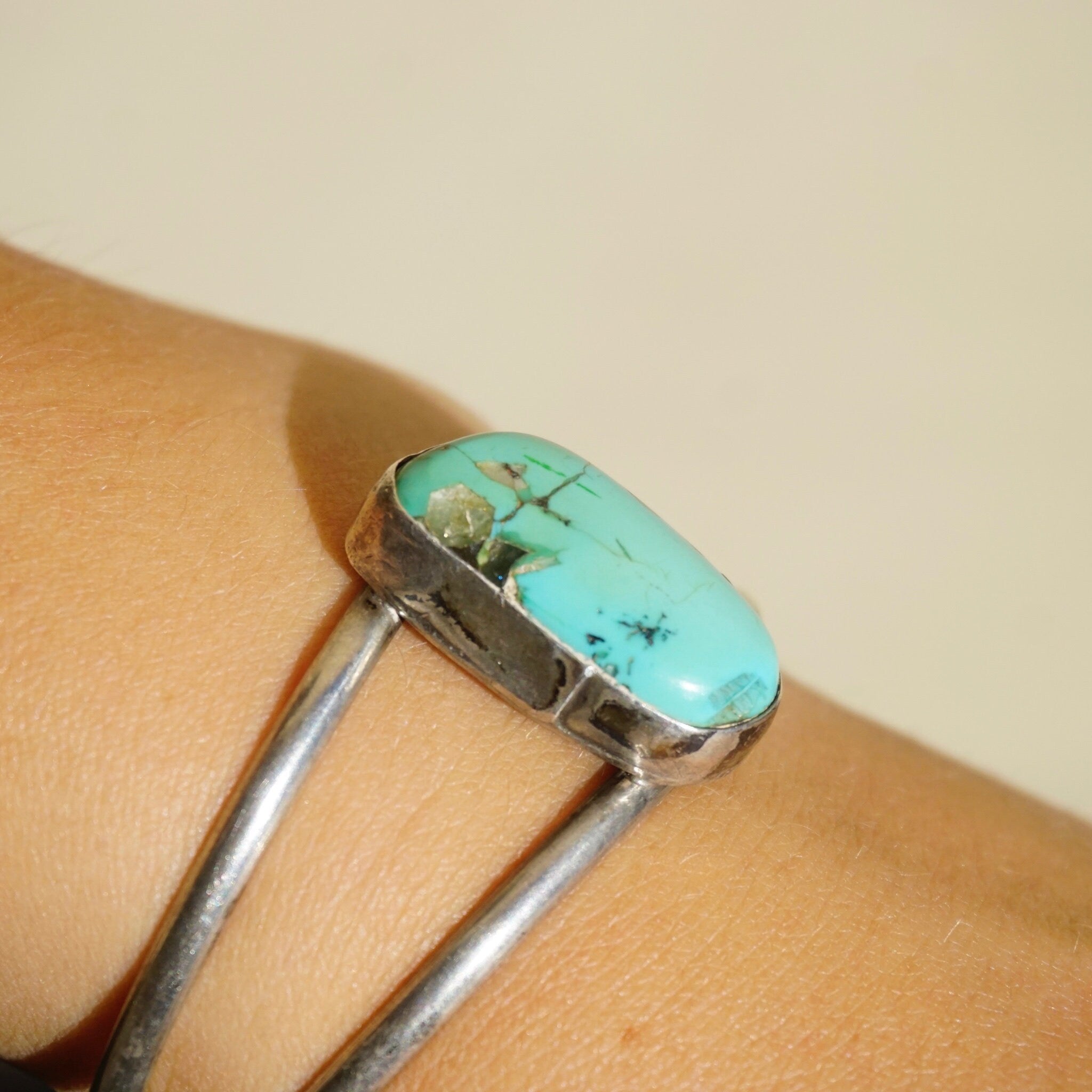 Vintage Turquoise and Silver Bracelet Cuff, Authentic Turquoise Stone Bracelet, Cut Out Silver Bracelet With Raised Turquoise Stone
