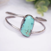 Vintage Turquoise and Silver Bracelet Cuff, Authentic Turquoise Stone Bracelet, Cut Out Silver Bracelet With Raised Turquoise Stone