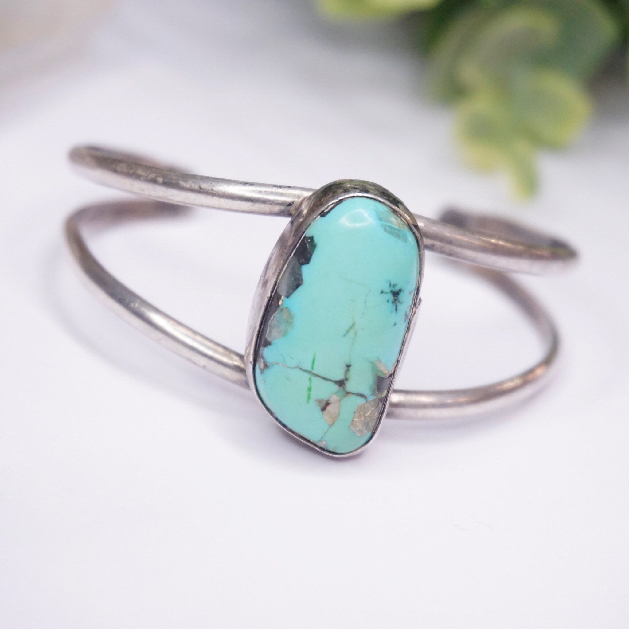 Vintage Turquoise and Silver Bracelet Cuff, Authentic Turquoise Stone Bracelet, Cut Out Silver Bracelet With Raised Turquoise Stone