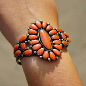 Vintage Native American Sterling Silver Coral Cluster Bracelet Cuff, Large Multi-Stone Zuni/Navajo Coral Bracelet Cuff, Old Pawn Jewelry