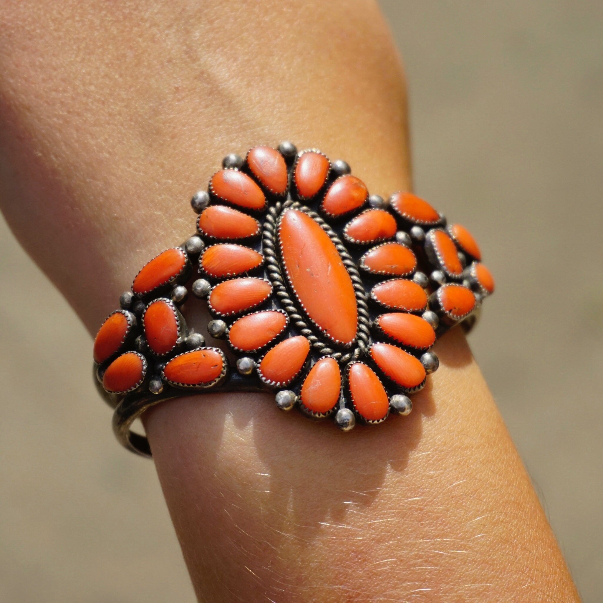 Vintage Native American Sterling Silver Coral Cluster Bracelet Cuff, Large Multi-Stone Zuni/Navajo Coral Bracelet Cuff, Old Pawn Jewelry