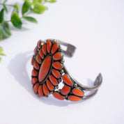 Vintage Native American Sterling Silver Coral Cluster Bracelet Cuff, Large Multi-Stone Zuni/Navajo Coral Bracelet Cuff, Old Pawn Jewelry