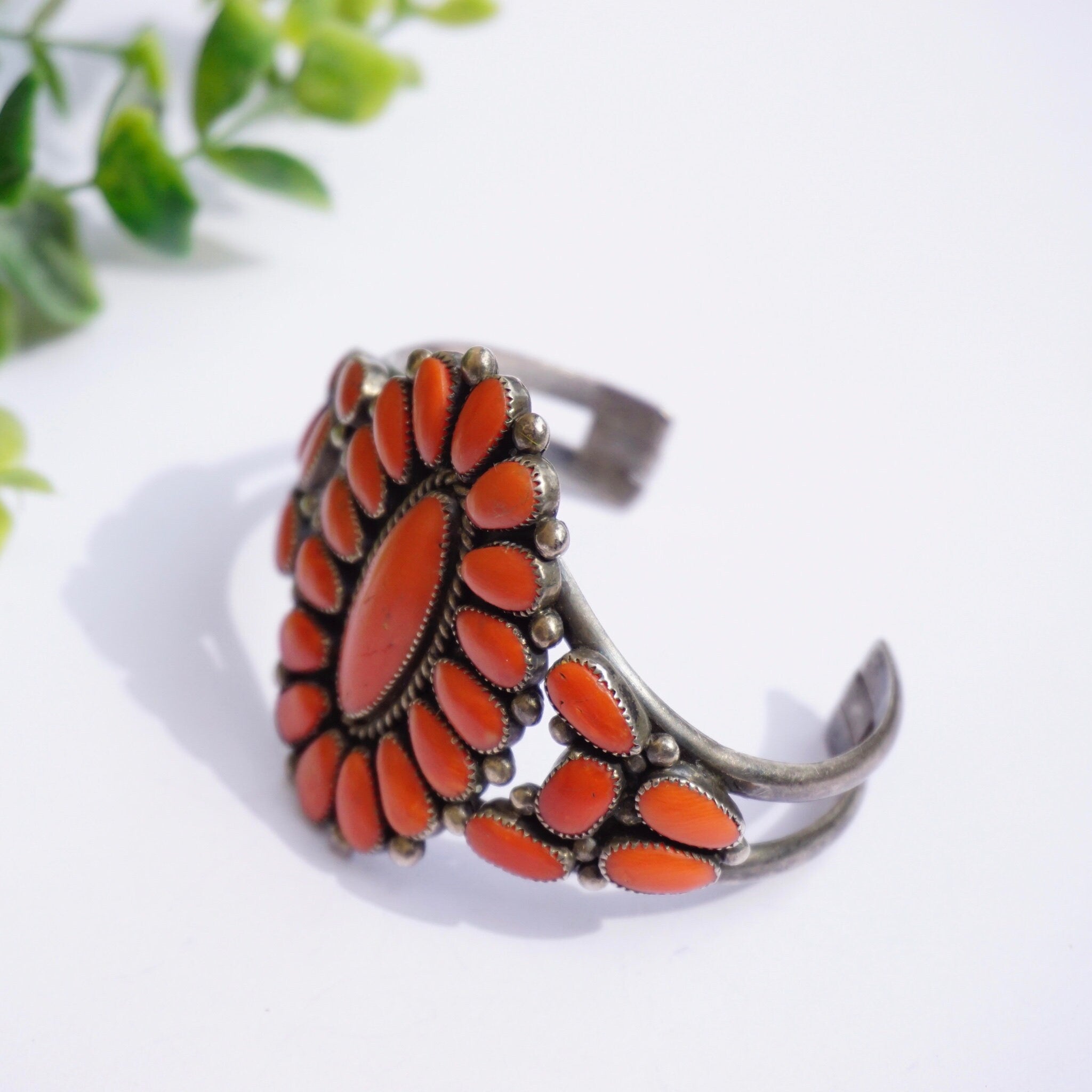 Vintage Native American Sterling Silver Coral Cluster Bracelet Cuff, Large Multi-Stone Zuni/Navajo Coral Bracelet Cuff, Old Pawn Jewelry