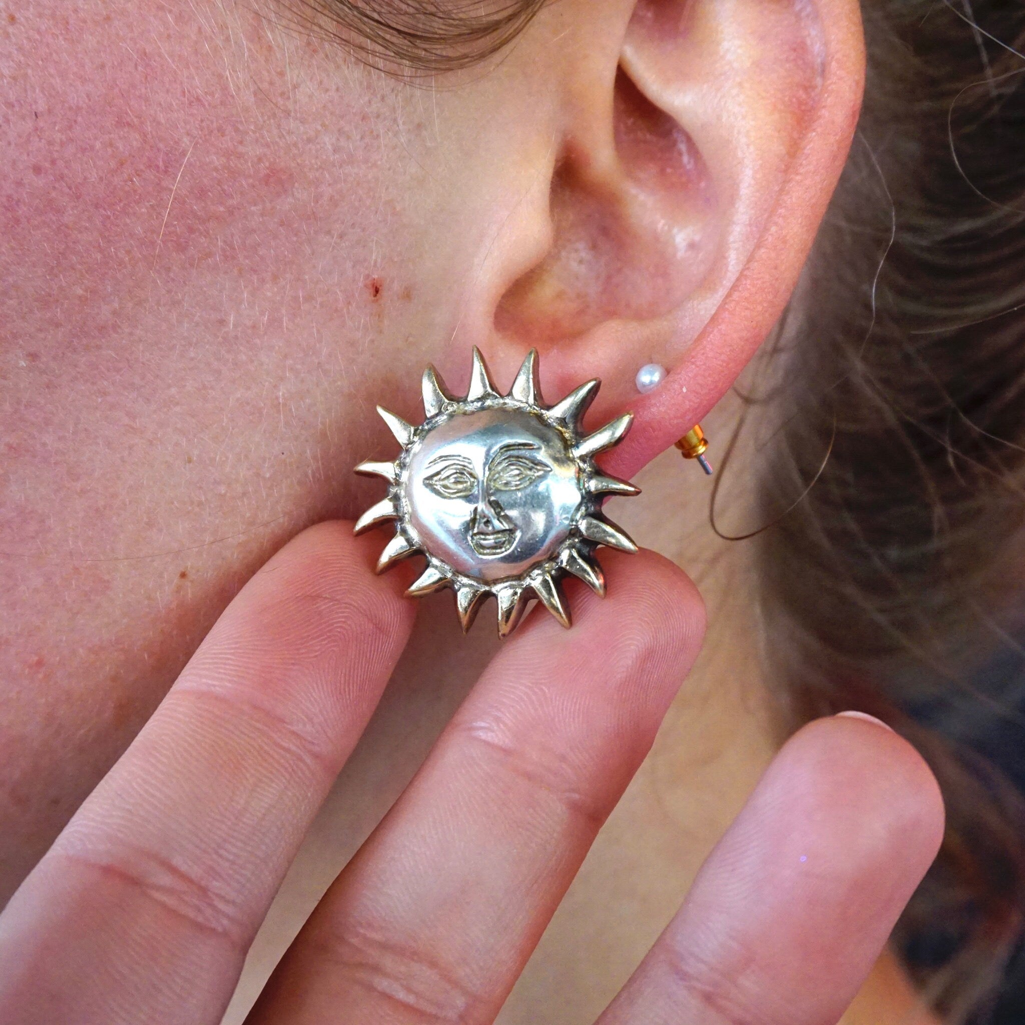 Vintage Sterling Silver Sun God Earrings, Beautiful Hand Hammered Stud Earrings, Silver Sun With Face Earrings, Made In Mexico Jewelry