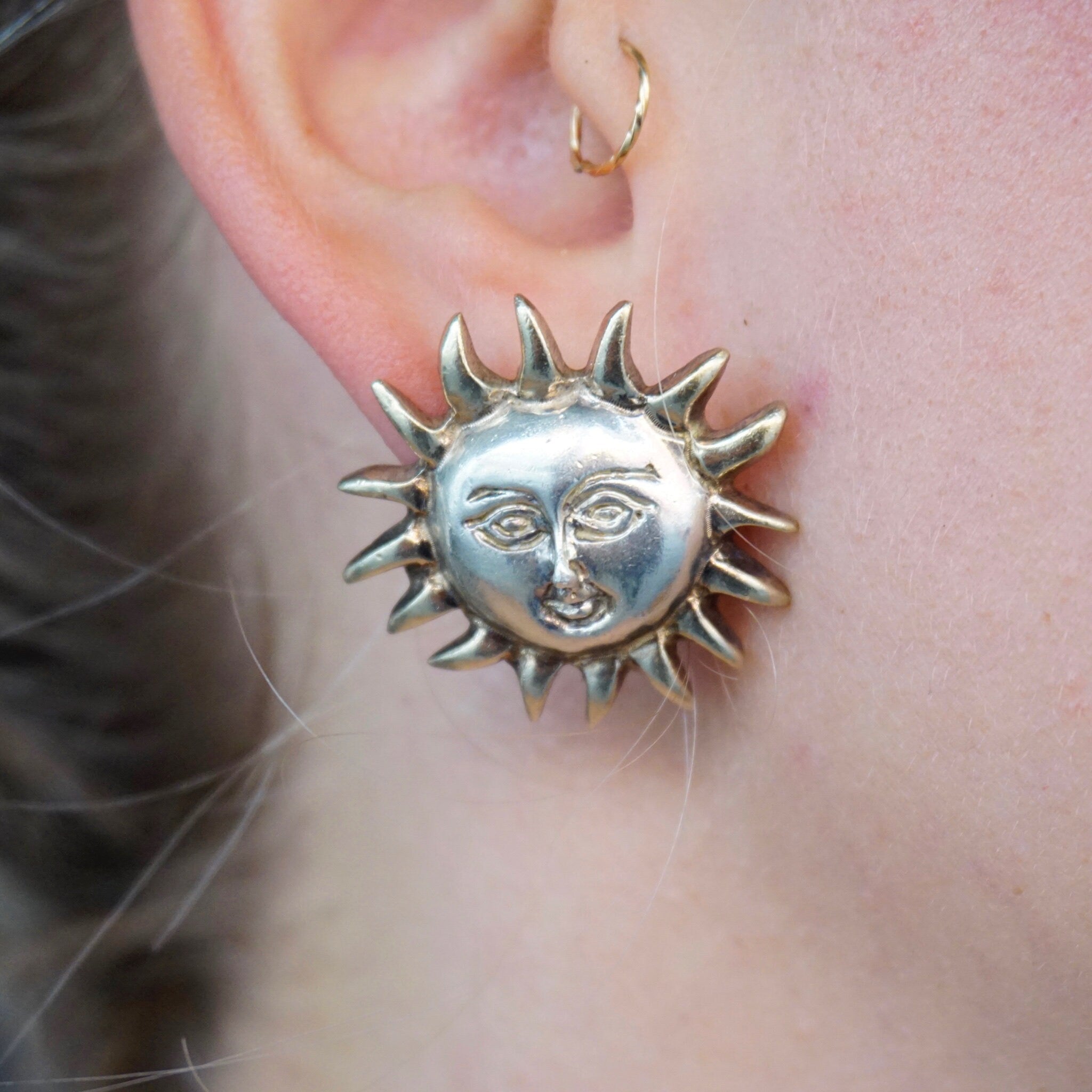 Vintage Sterling Silver Sun God Earrings, Beautiful Hand Hammered Stud Earrings, Silver Sun With Face Earrings, Made In Mexico Jewelry