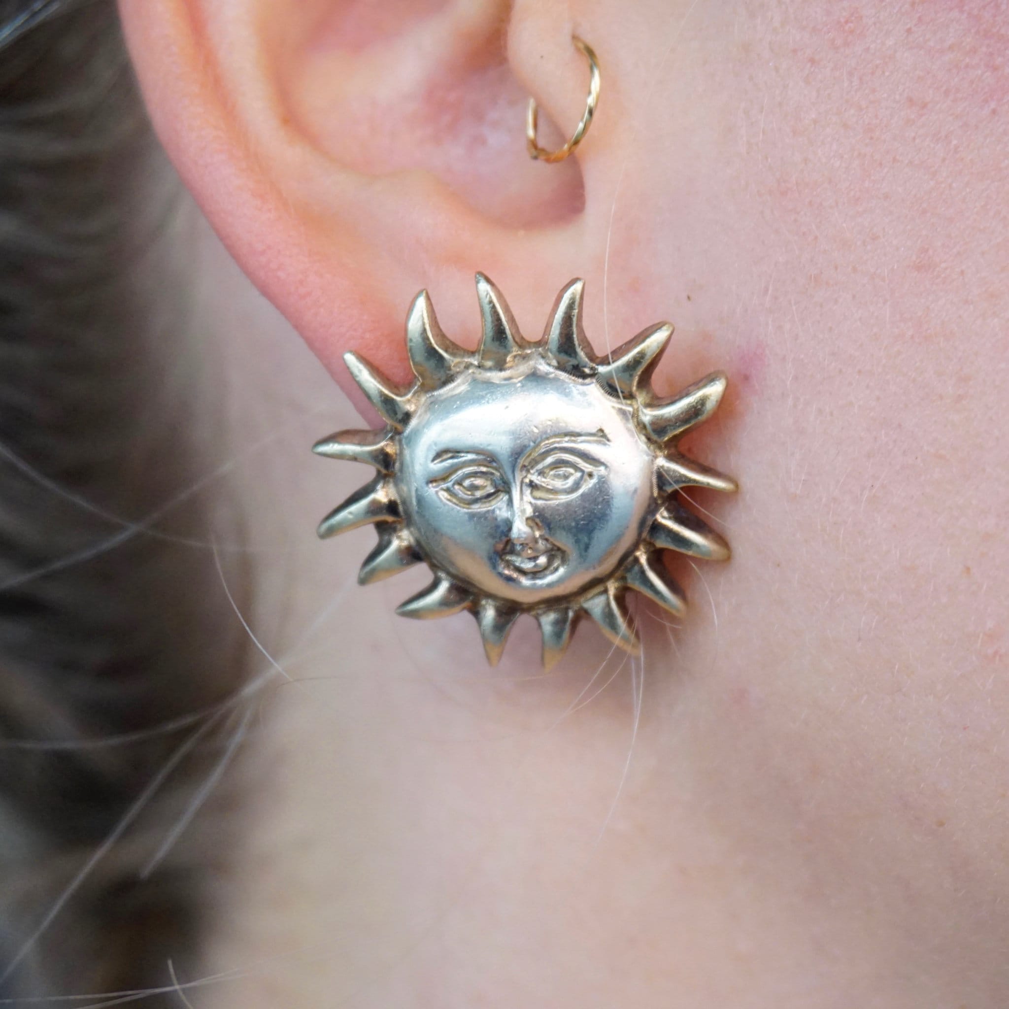 Vintage Sterling Silver Sun God Earrings, Beautiful Hand Hammered Stud Earrings, Silver Sun With Face Earrings, Made In Mexico Jewelry
