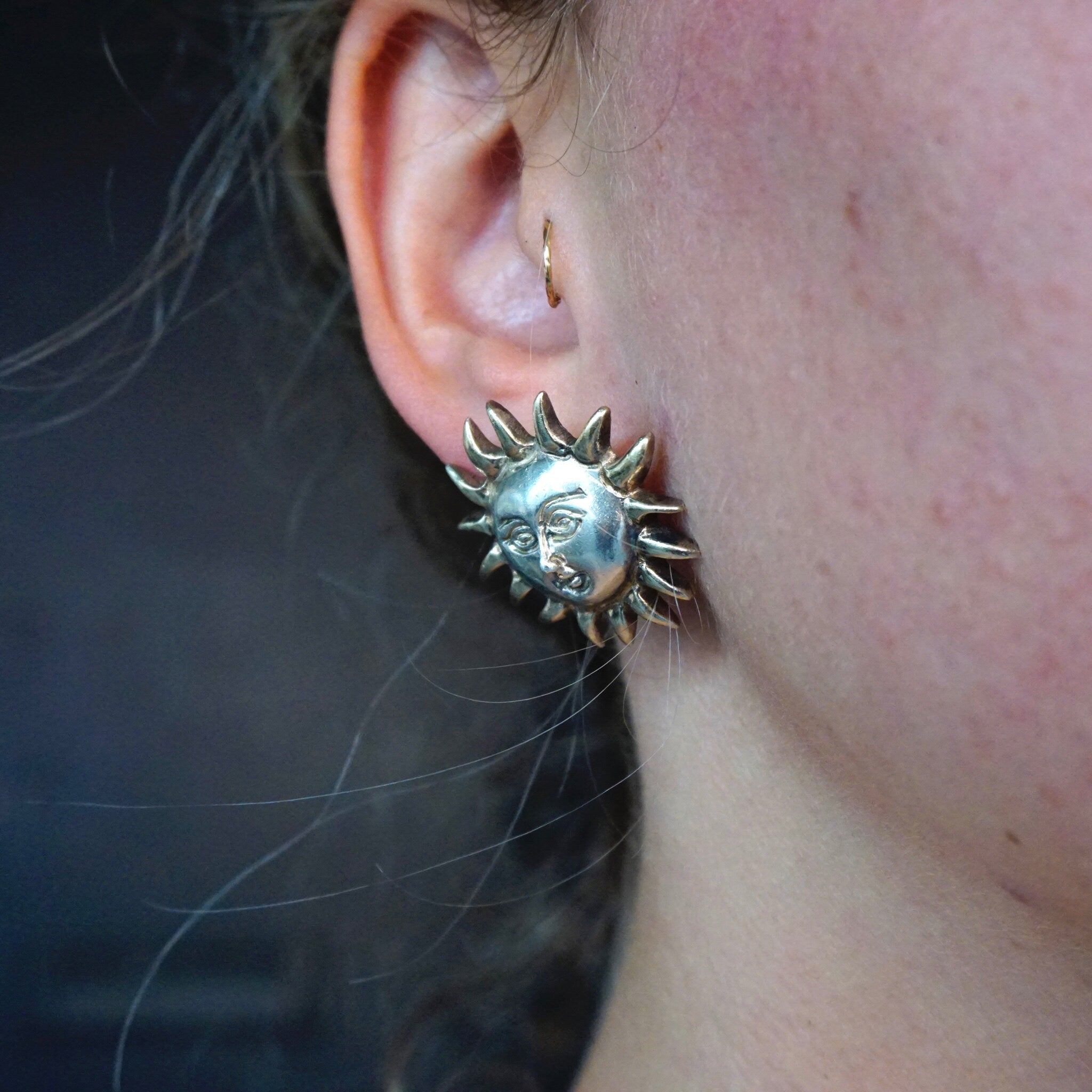 Vintage Sterling Silver Sun God Earrings, Beautiful Hand Hammered Stud Earrings, Silver Sun With Face Earrings, Made In Mexico Jewelry