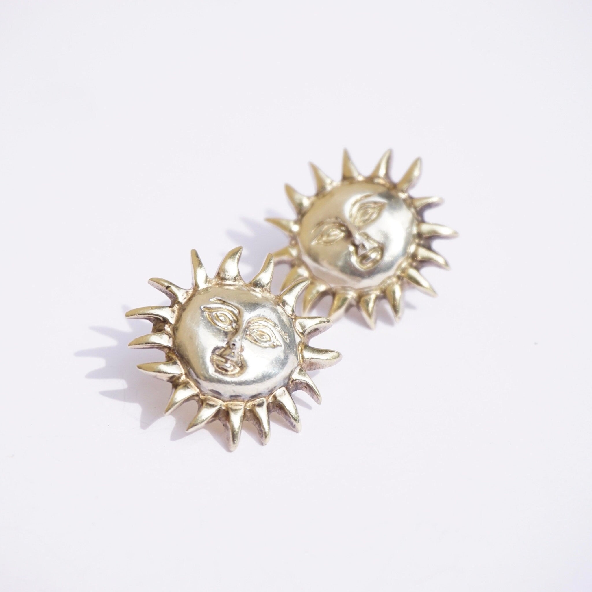 Vintage Sterling Silver Sun God Earrings, Beautiful Hand Hammered Stud Earrings, Silver Sun With Face Earrings, Made In Mexico Jewelry