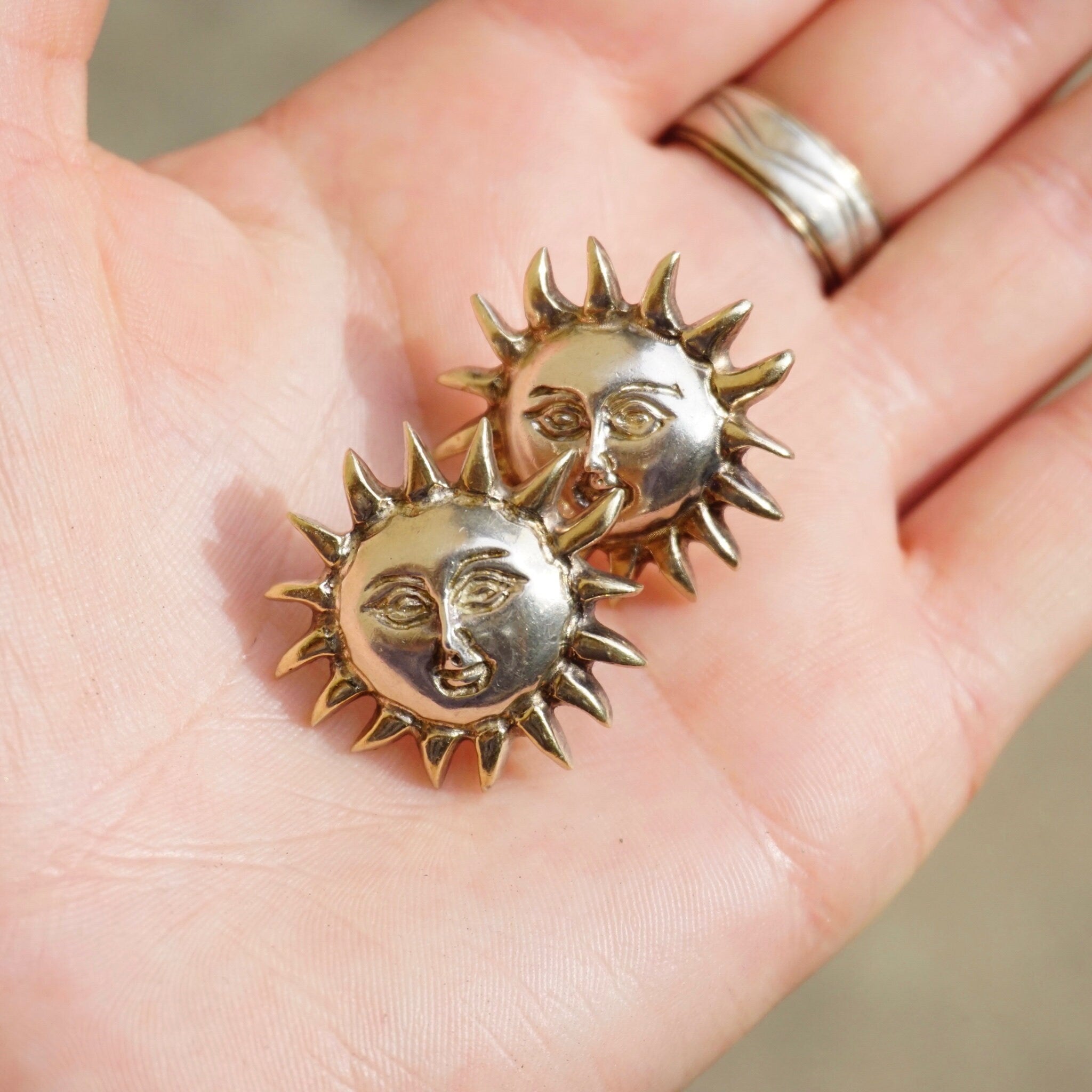 Vintage Sterling Silver Sun God Earrings, Beautiful Hand Hammered Stud Earrings, Silver Sun With Face Earrings, Made In Mexico Jewelry