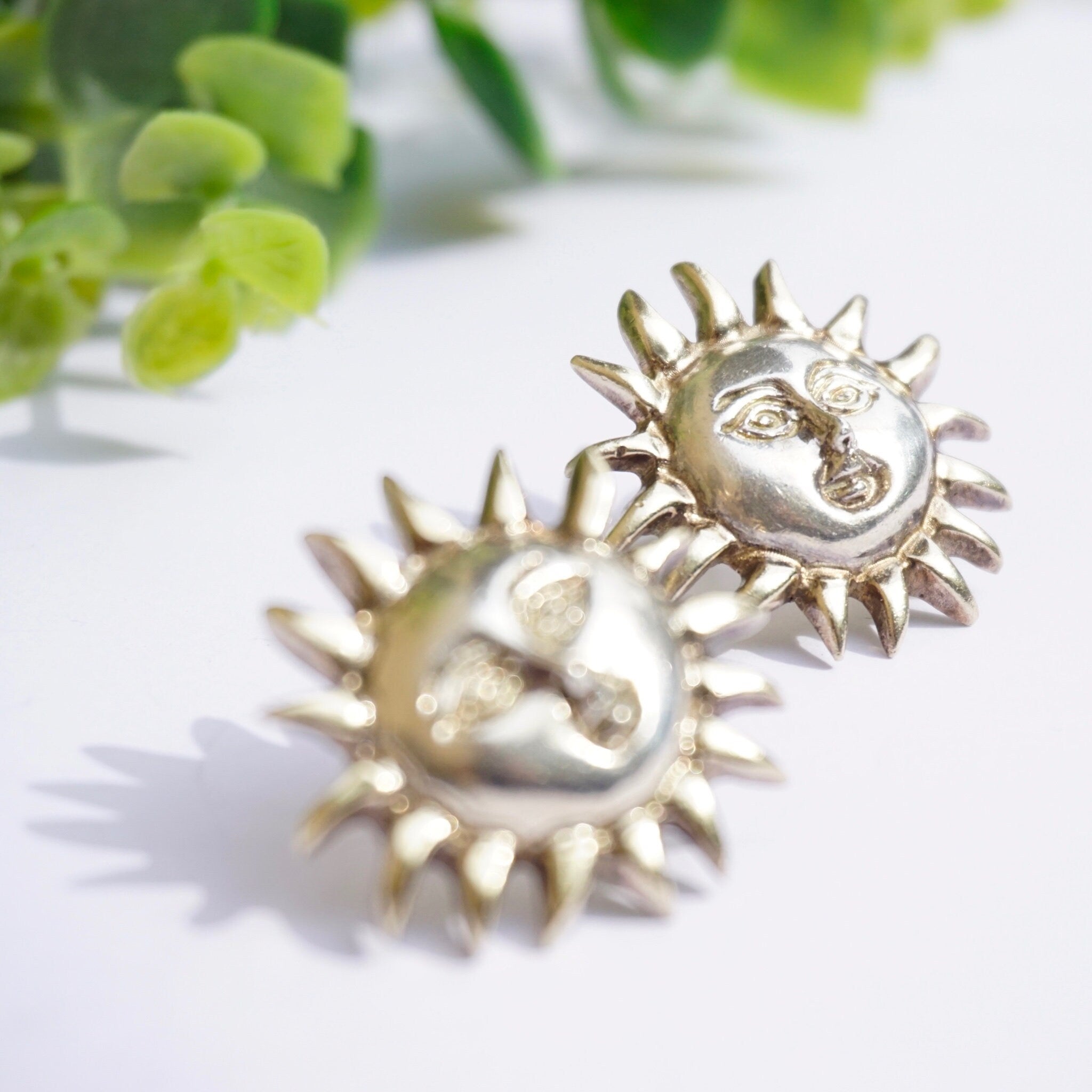 Vintage Sterling Silver Sun God Earrings, Beautiful Hand Hammered Stud Earrings, Silver Sun With Face Earrings, Made In Mexico Jewelry