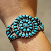Vintage Native American Sterling Silver Turquoise Cluster Bracelet Cuff, Navajo/Zuni Silver Cuff With Turquoise Stones, Old Pawn Jewelry