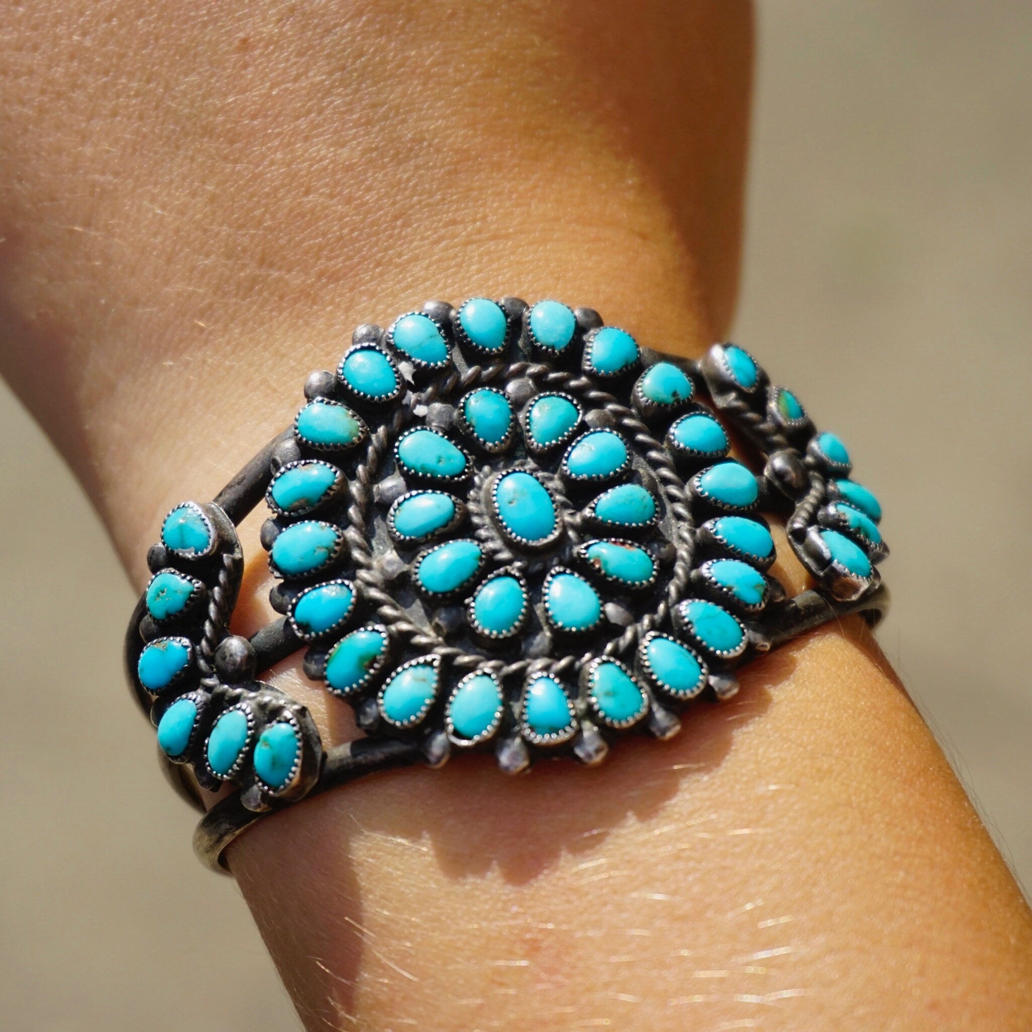 Zuni Silver Cuff With Turquoise Stones, Old Pawn Jewelry