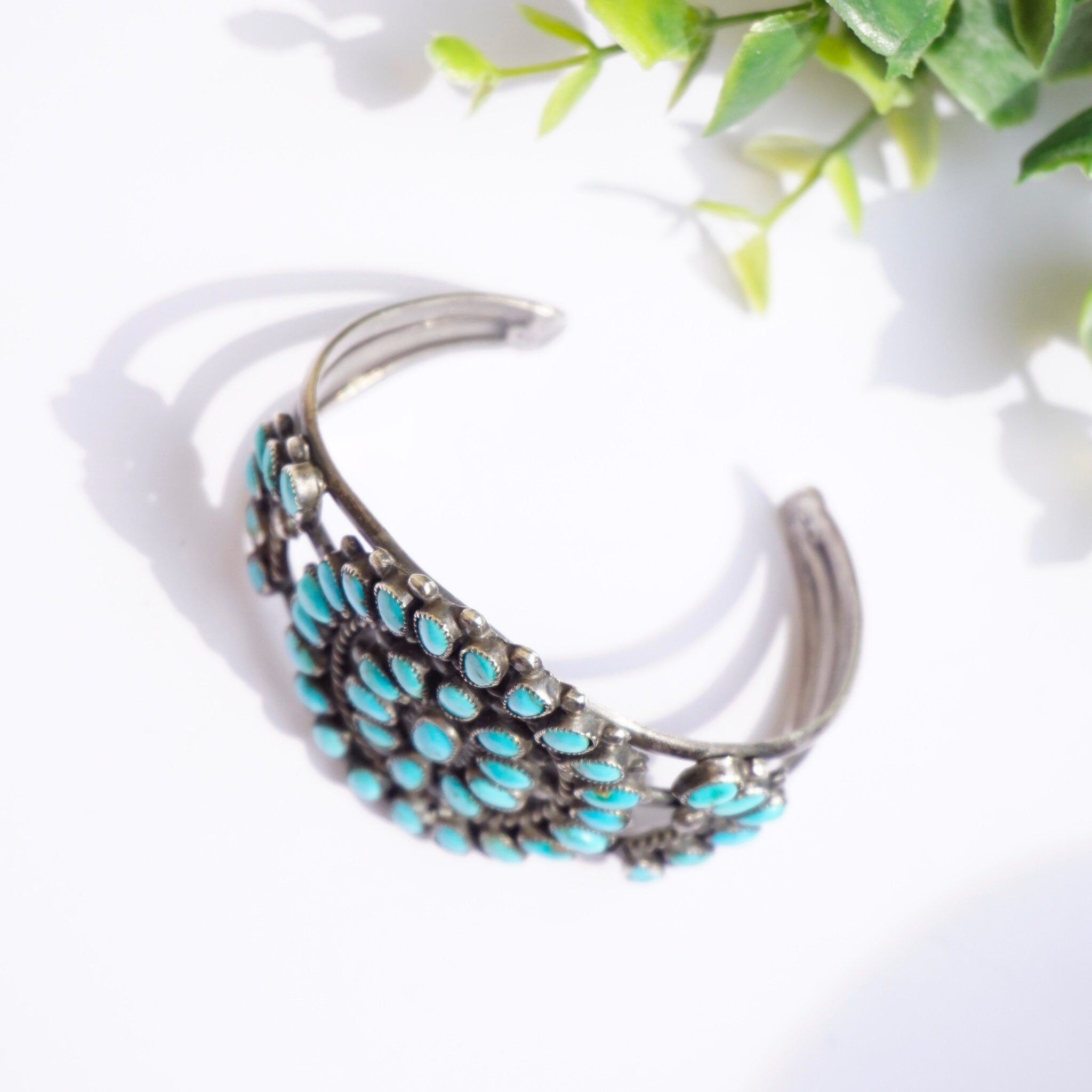 Vintage Native American Sterling Silver Turquoise Cluster Bracelet Cuff, Navajo/Zuni Silver Cuff With Turquoise Stones, Old Pawn Jewelry