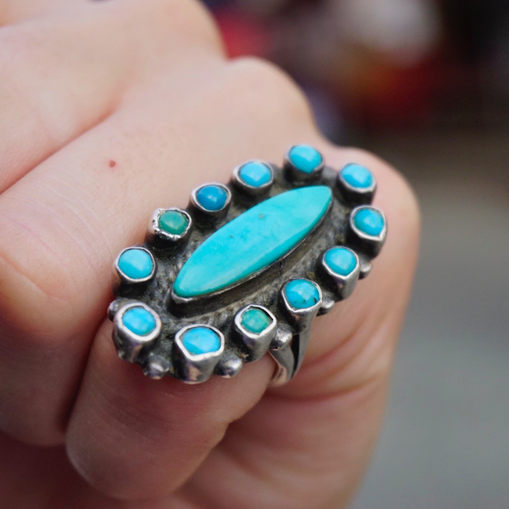 Vintage Native American Sterling Silver Turquoise Ring, Elongated Navajo/Zuni Multi-Color Turquoise and Silver Ring, Petite Old Pawn Ring