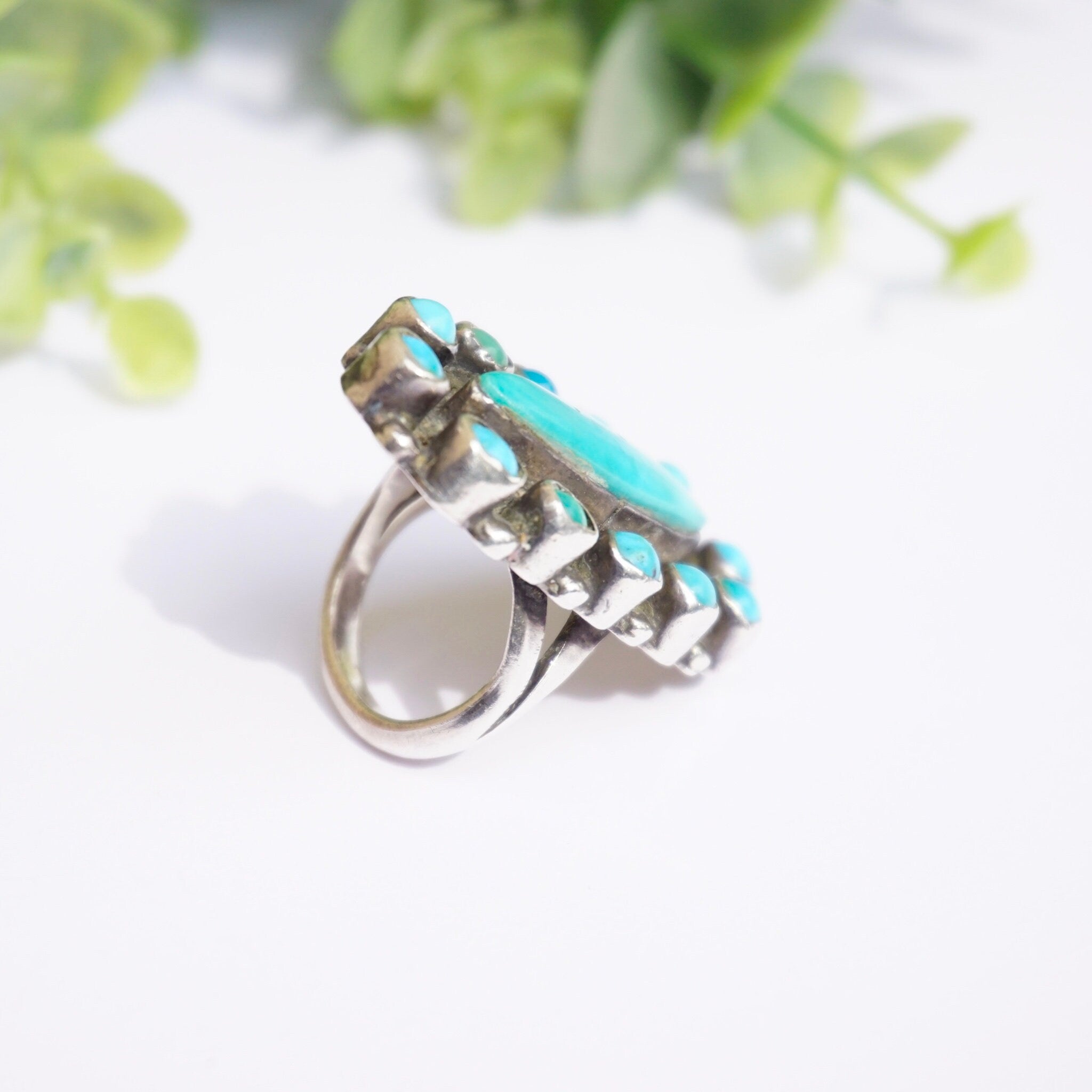 Vintage Native American Sterling Silver Turquoise Ring, Elongated Navajo/Zuni Multi-Color Turquoise and Silver Ring, Petite Old Pawn Ring