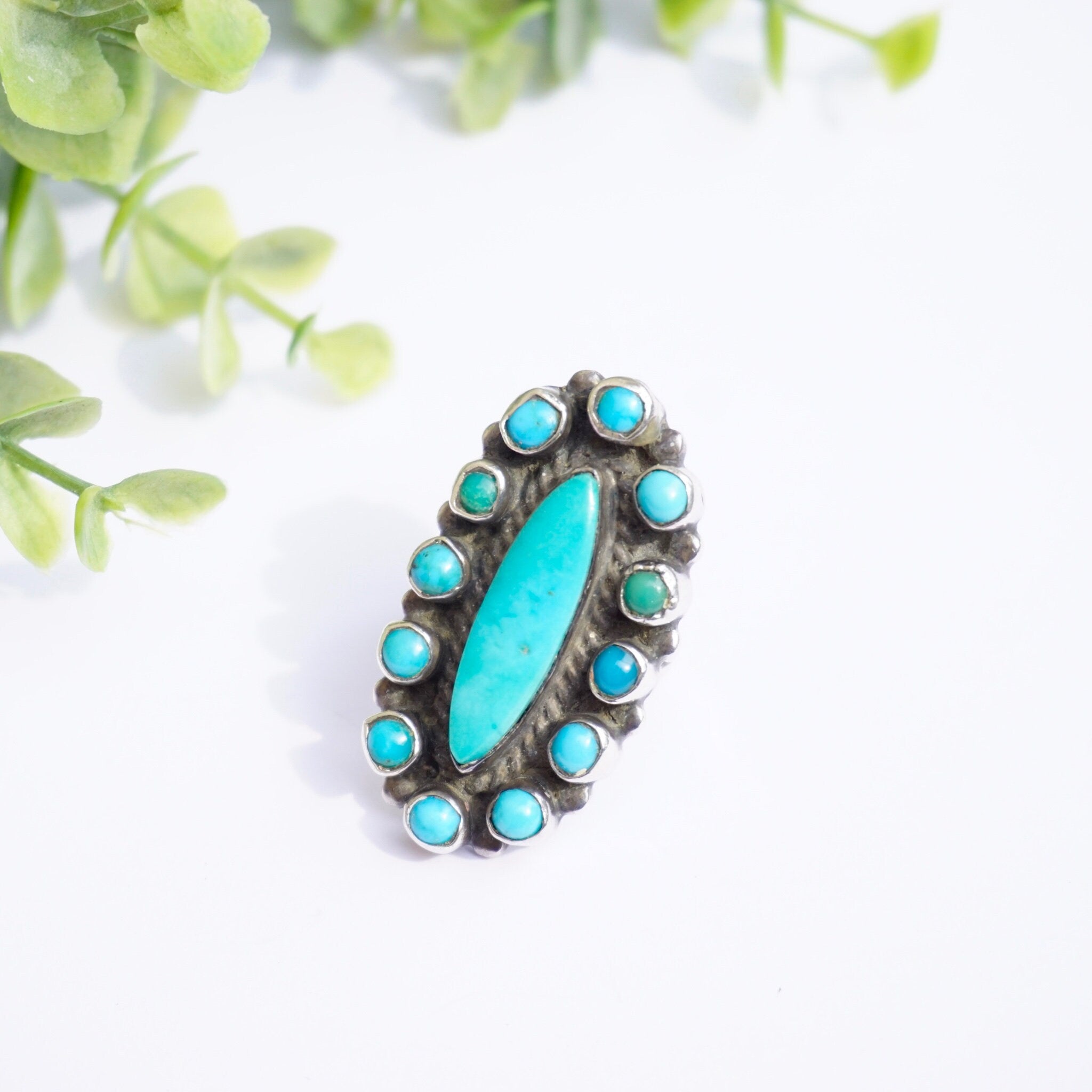 Vintage Native American Sterling Silver Turquoise Ring, Elongated Navajo/Zuni Multi-Color Turquoise and Silver Ring, Petite Old Pawn Ring