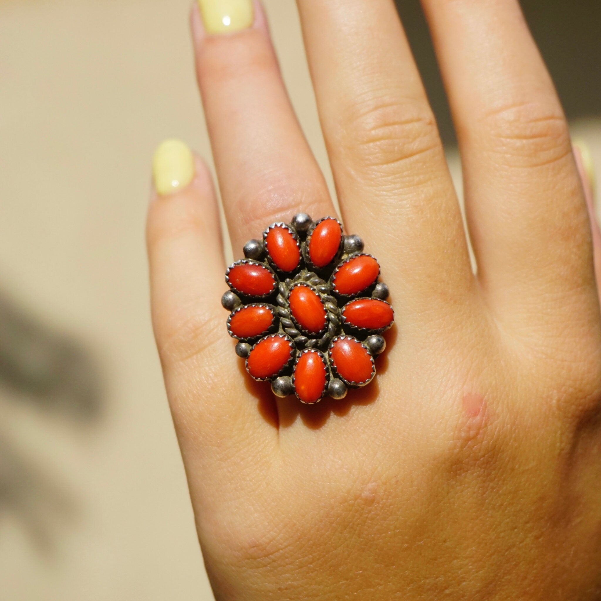 Zuni 10 Stone Coral Ring With Silver, Old Pawn Native American Jewelry
