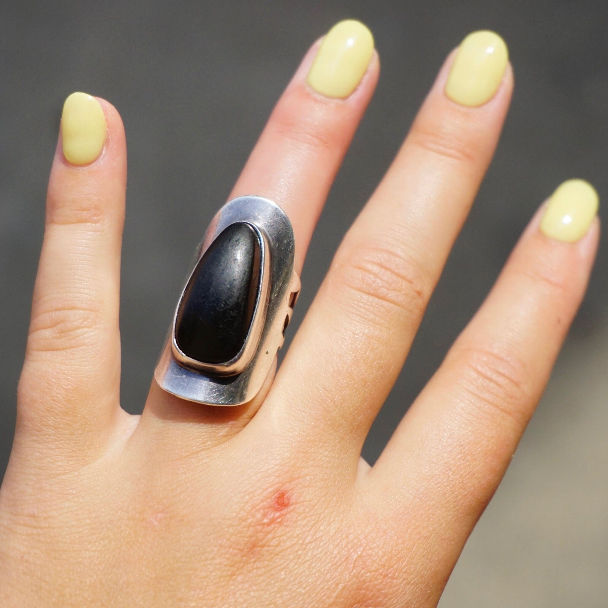 Vintage Native American Sterling Silver Black Stone Ring, Long Finger Ring With Onyx/Jet Stone, Elongated Silver Ring With Large Black Stone