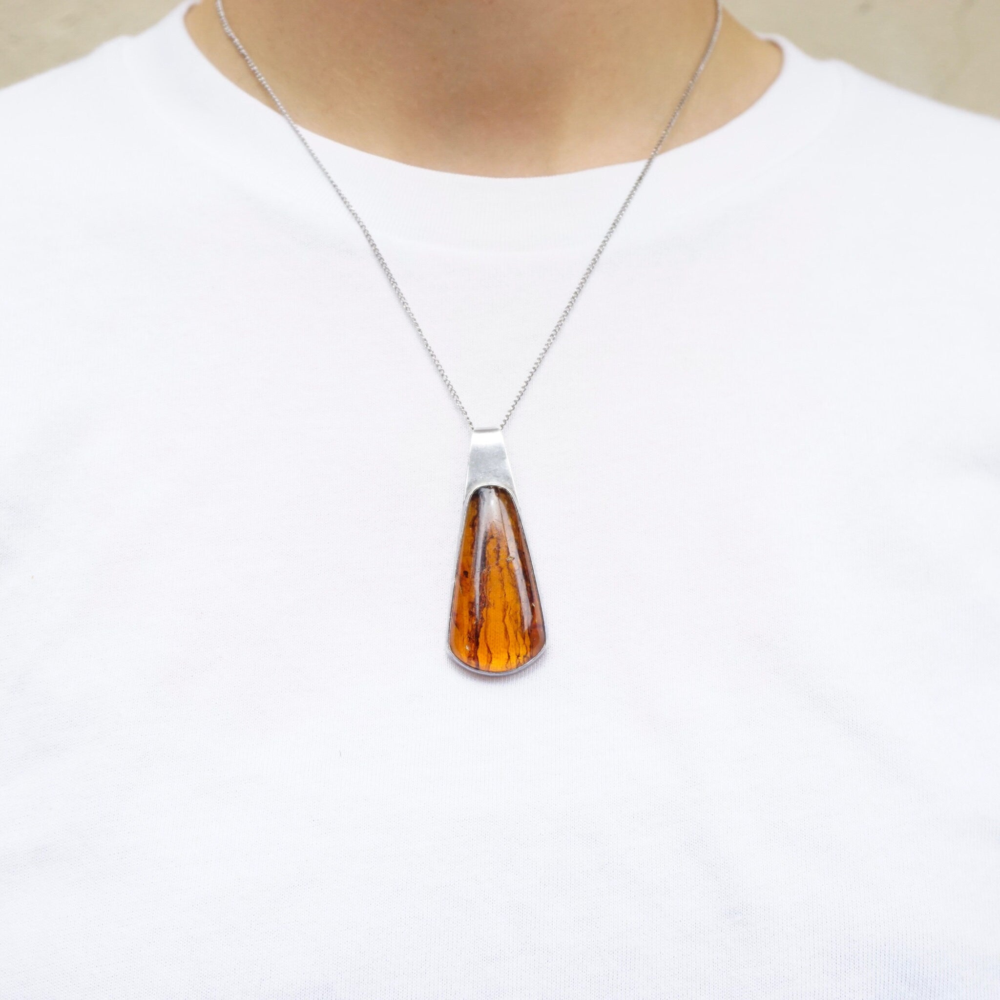 Vintage Natural Amber Sterling Silver Pendant, Beautiful Silver Pendant With Large Amber Stone, Unique Amber Pendant Set In Silver