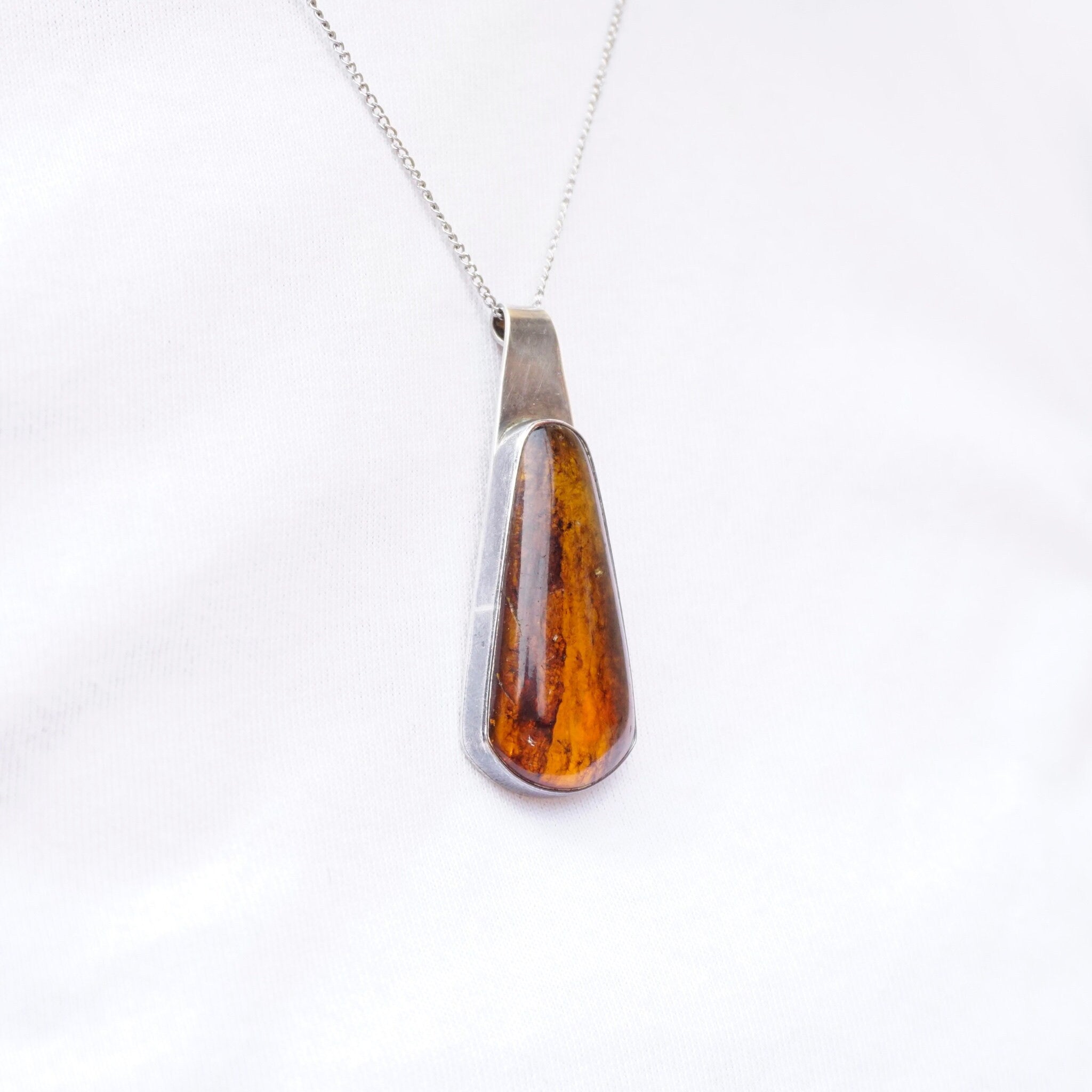 Vintage Natural Amber Sterling Silver Pendant, Beautiful Silver Pendant With Large Amber Stone, Unique Amber Pendant Set In Silver