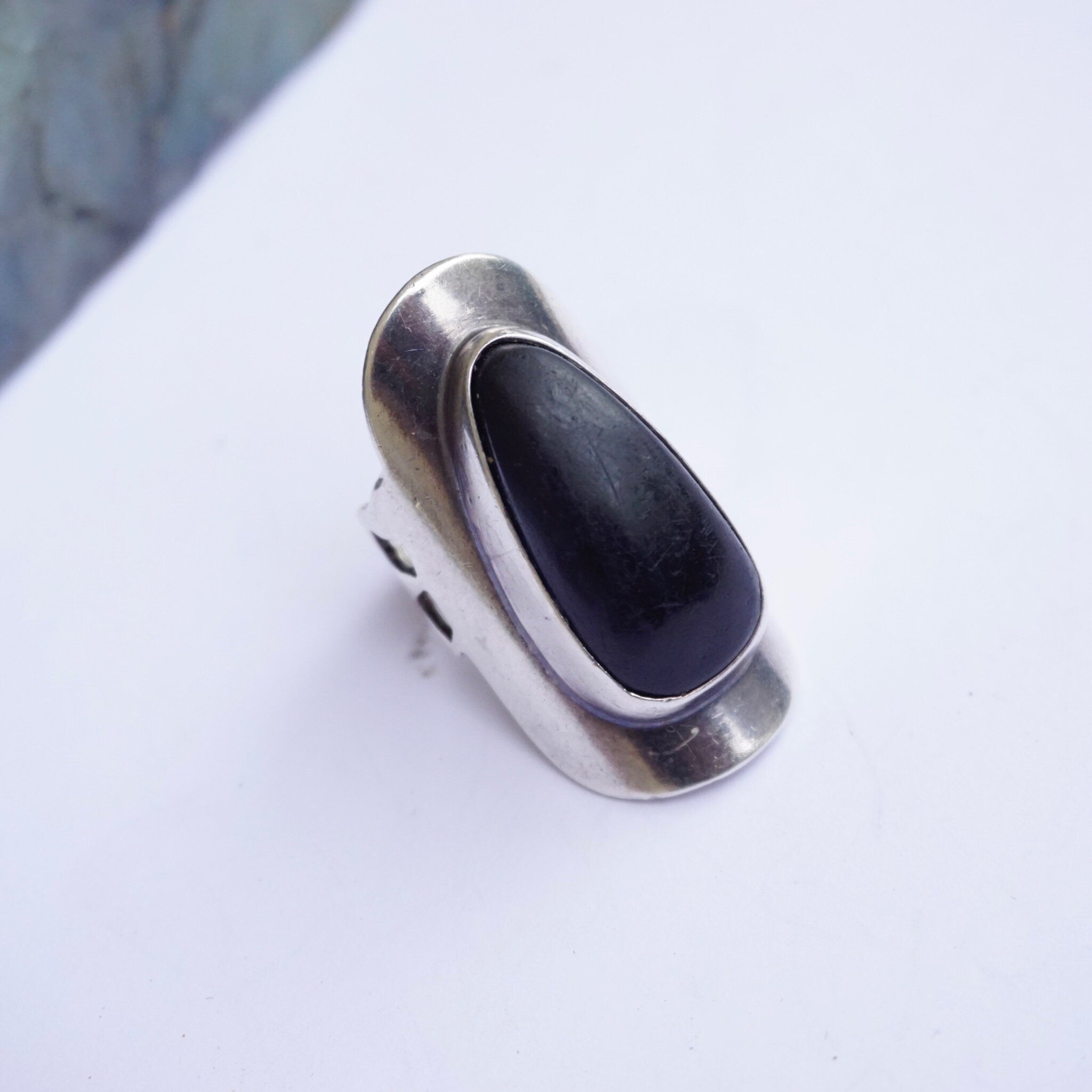Vintage Native American Sterling Silver Black Stone Ring, Long Finger Ring With Onyx/Jet Stone, Elongated Silver Ring With Large Black Stone