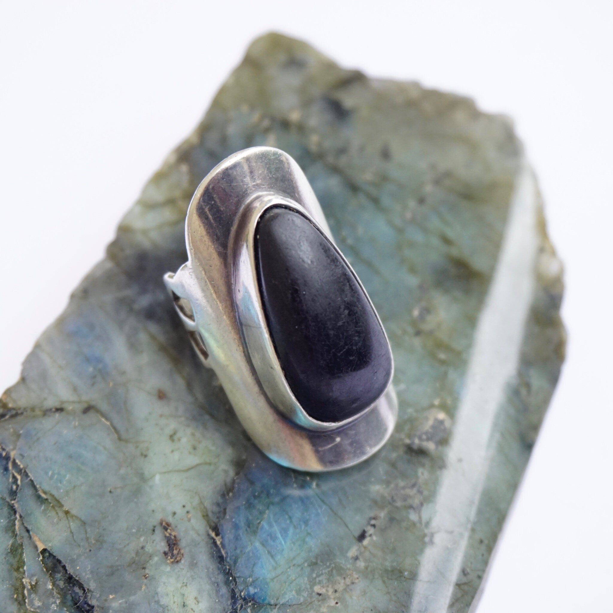 Jet Stone, Elongated Silver Ring With Large Black Stone