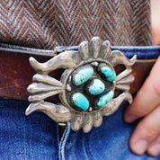 Vintage Navajo Sterling Silver Turquoise Belt Buckle, Native American Multi-Stone Belt Buckle, Old Pawn Silver Belt Buckle With Turquoise