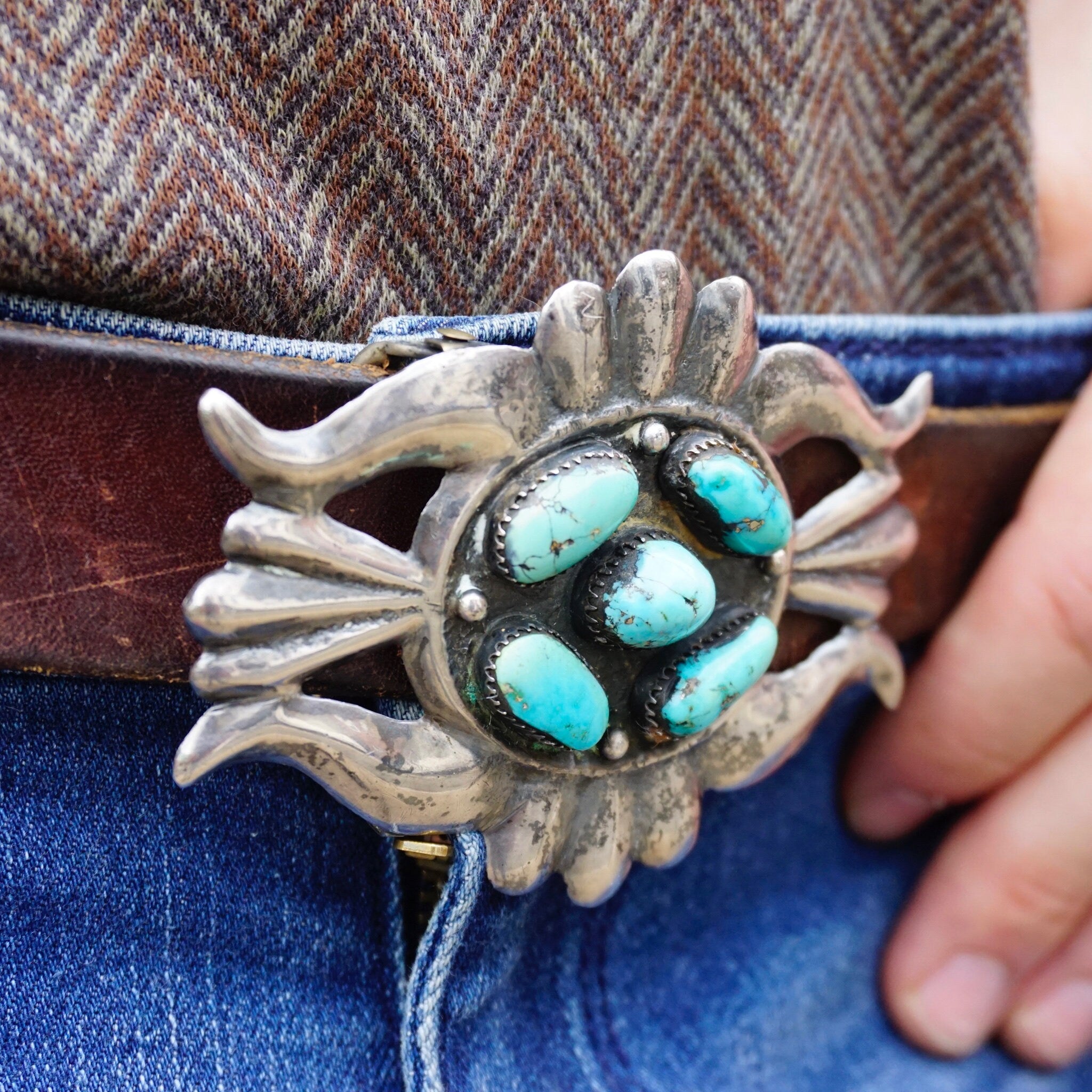 Vintage Navajo Sterling Silver Turquoise Belt Buckle, Native American Multi-Stone Belt Buckle, Old Pawn Silver Belt Buckle With Turquoise