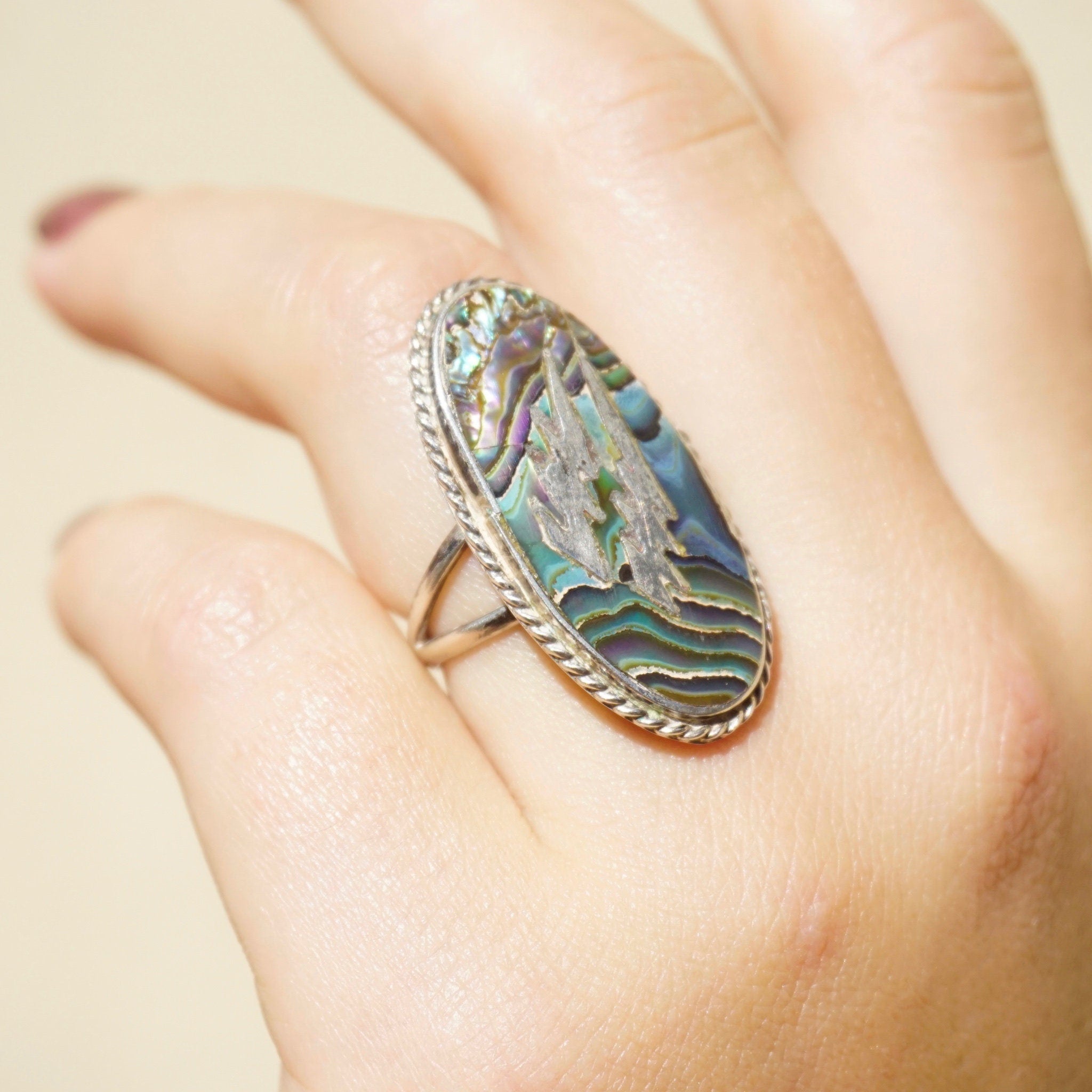 Vintage Sterling Silver Abalone Ring With Lightening Bolts, Oval Abalone Shell Ring With Silver Details, Made In Mexico Silver Ring, 925