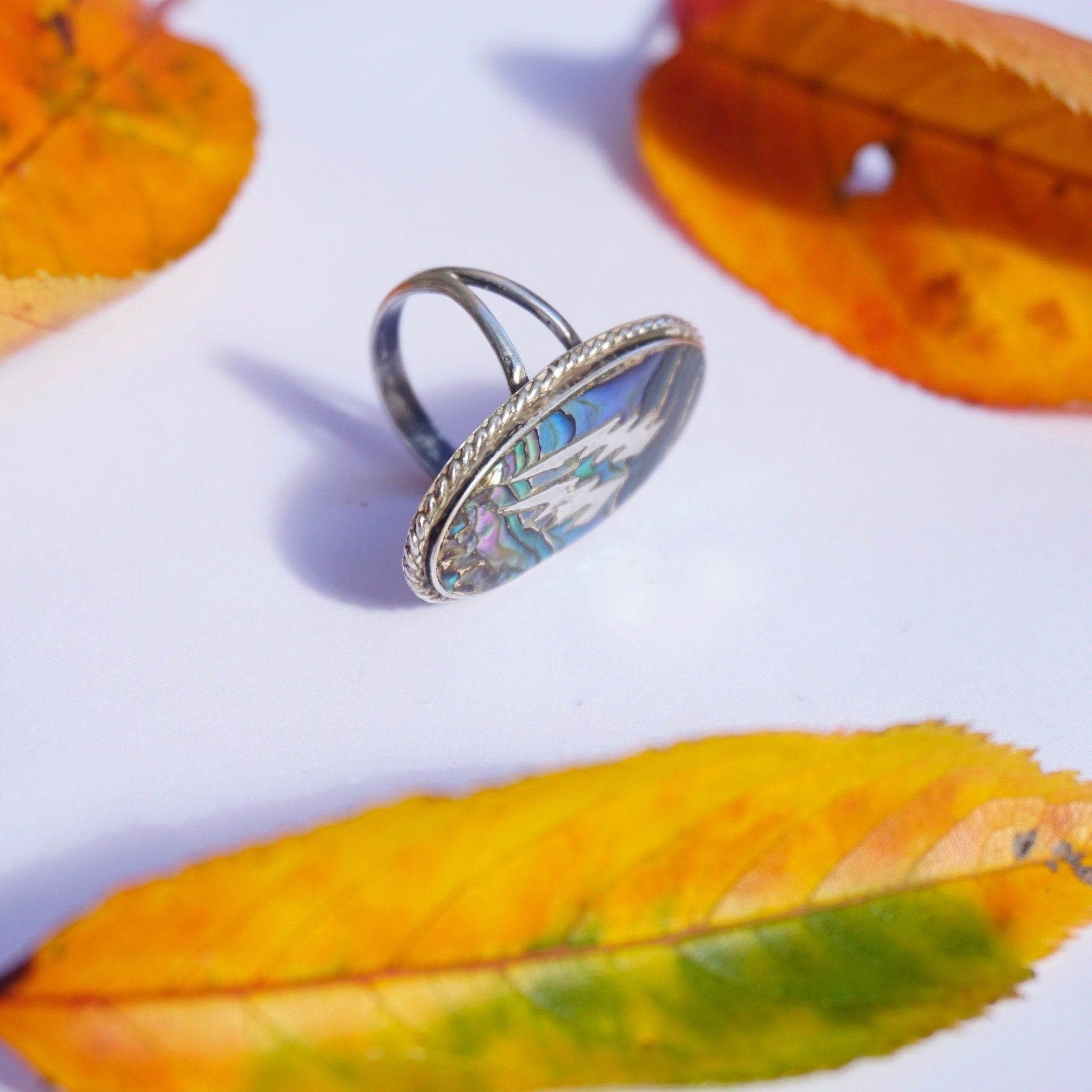 Vintage Sterling Silver Abalone Ring With Lightening Bolts, Oval Abalone Shell Ring With Silver Details, Made In Mexico Silver Ring, 925