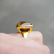 Vintage 14K gold tigers eye ring with a large, rectangle cut tigers eye stone set in a gold bezel setting, made by Milor in Italy using 14K gold over resin.