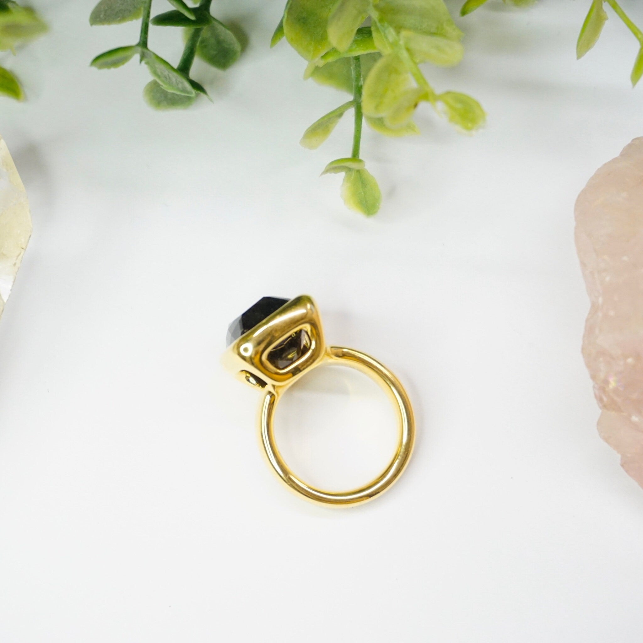 Vintage 14K gold tigers eye ring with rectangle cut stone in gold setting, large 14K gold over resin tigers eye ring made in Italy by Milor.
