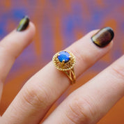 Vintage 14K Gold Blue Opal Ring, Opal Raised Stone Ring With Detailed Gold Setting, Petite Gold Ring With Small Opal Stone, Opalescent Ring
